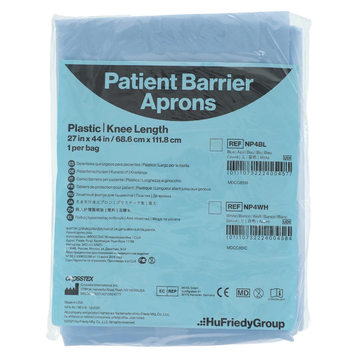 Crosstex Patient Barrier Apron, Plastic, Knee Length, 27" x 44", Blue, 1/Pk, NP4BL - CROSSTEX APRONS - PLASTIC & NYLON NP4BL - Image 1