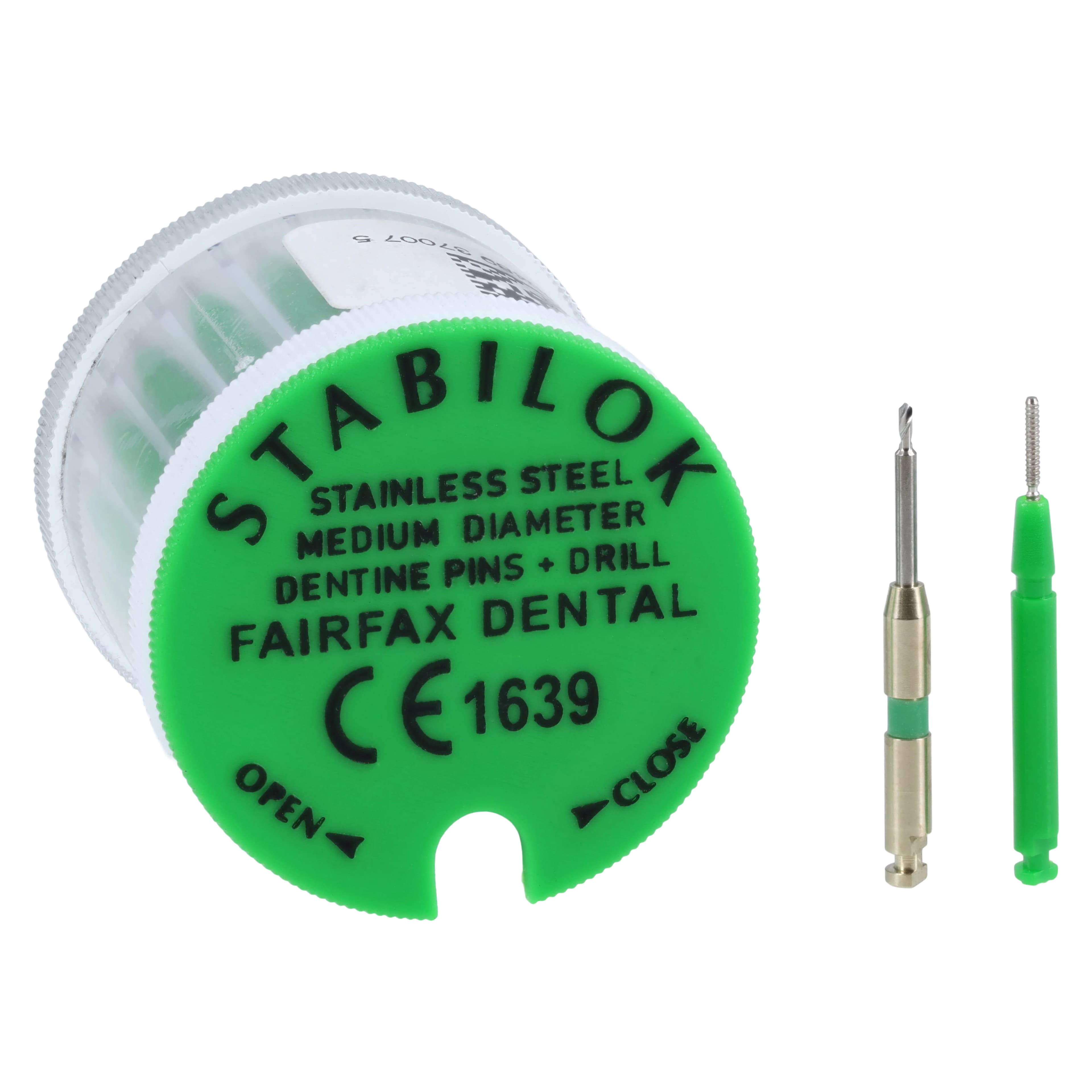 Stabilok Standard Dentin Pins Kit, Stainless Steel, .027" (0.68mm), Green, 20 Pins + 1 Drill, PF-15362 - Stabilok .027 Green Dentin Pins Std Kit - Image 1