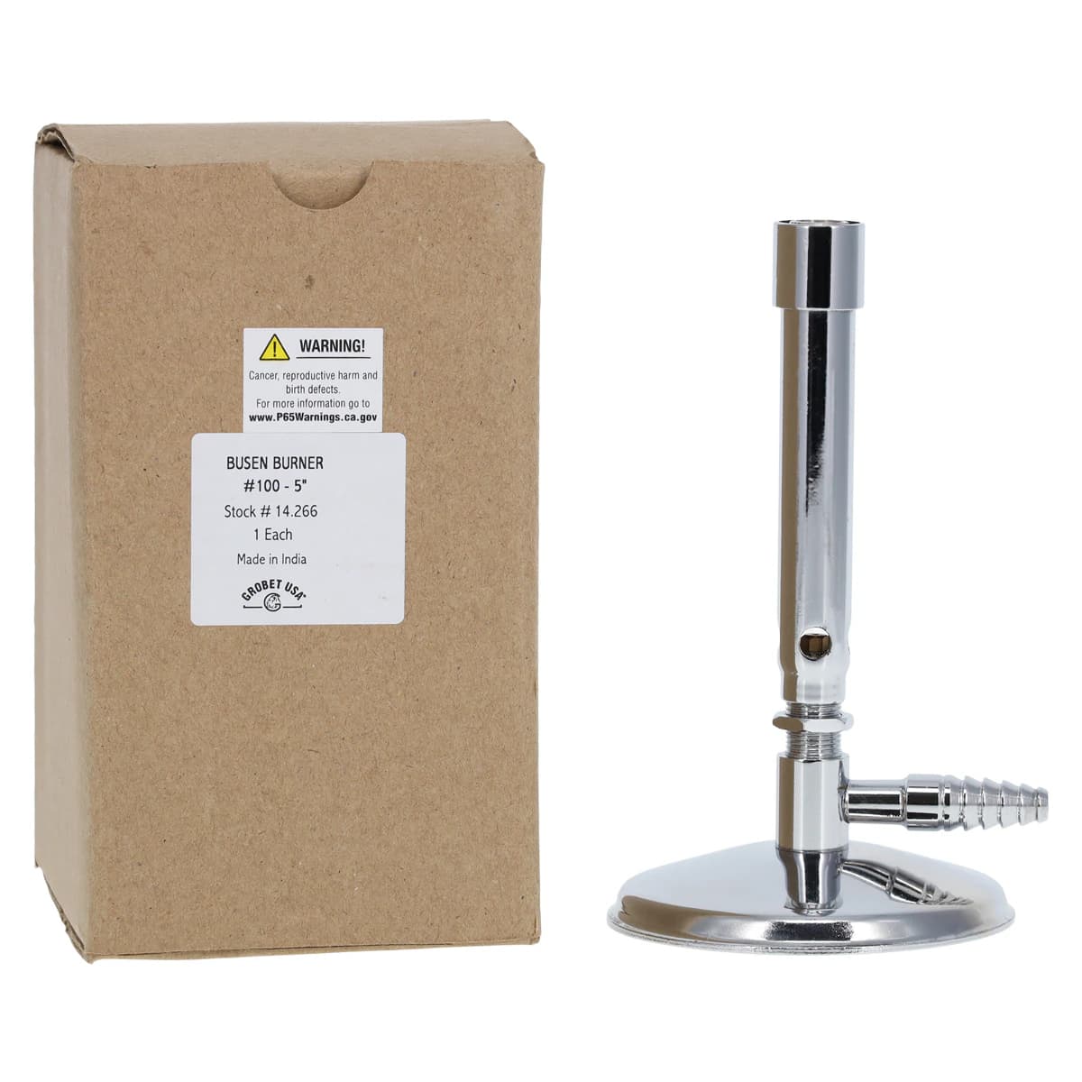 Grobet Bunsen Burner #100, Natural Gas, 5" Height, 8mm Tubing, Nickel-Plated - Bunsen Burner 5" Nat Gas - Image 1
