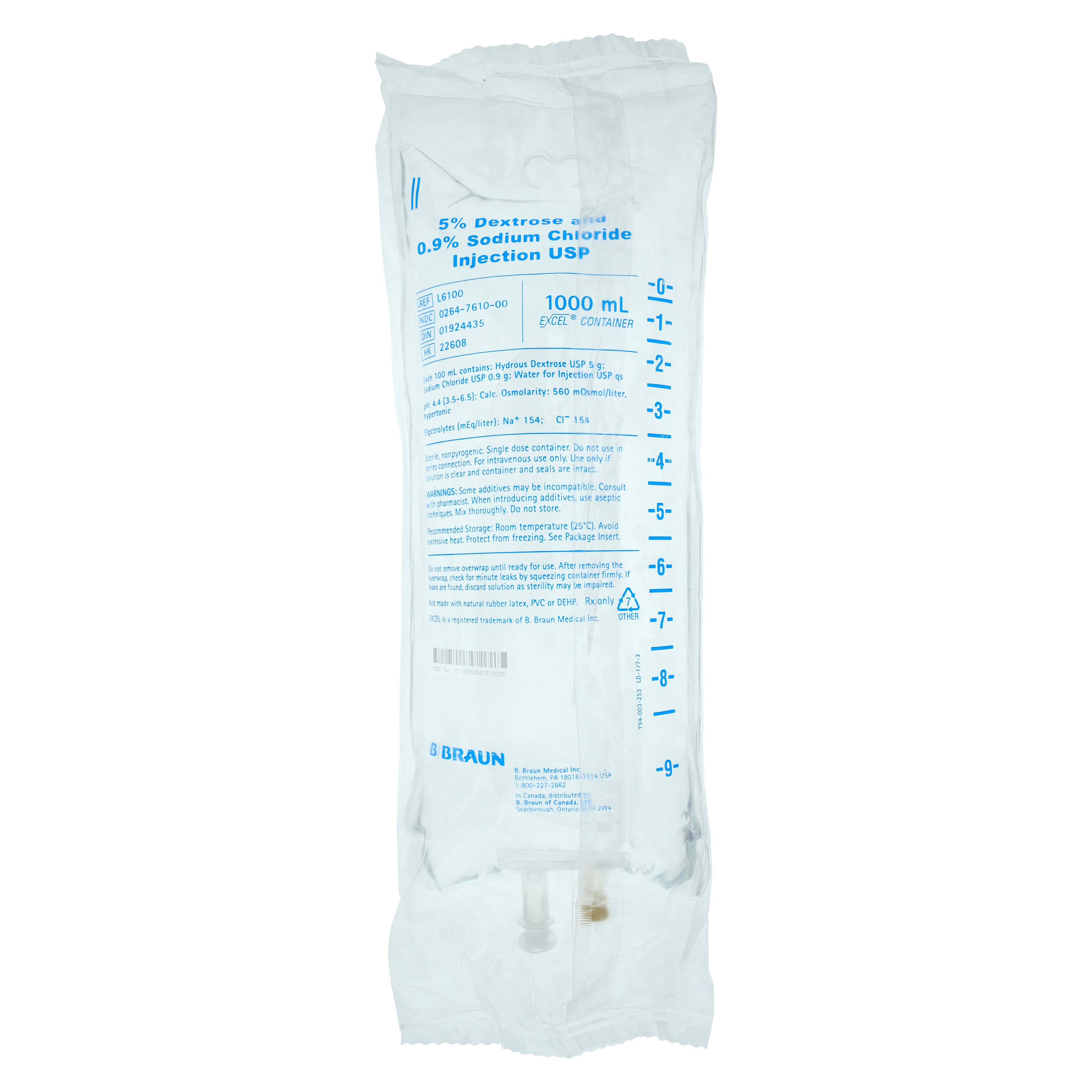 B. Braun 5% Dextrose and 0.9% Sodium Chloride Injection, 1000 mL Excel IV Plastic Bag, Sterile, DEHP-Free - 5% Dextrose & 0.9% Sodium Chloride Injection 1000ml - Image 1