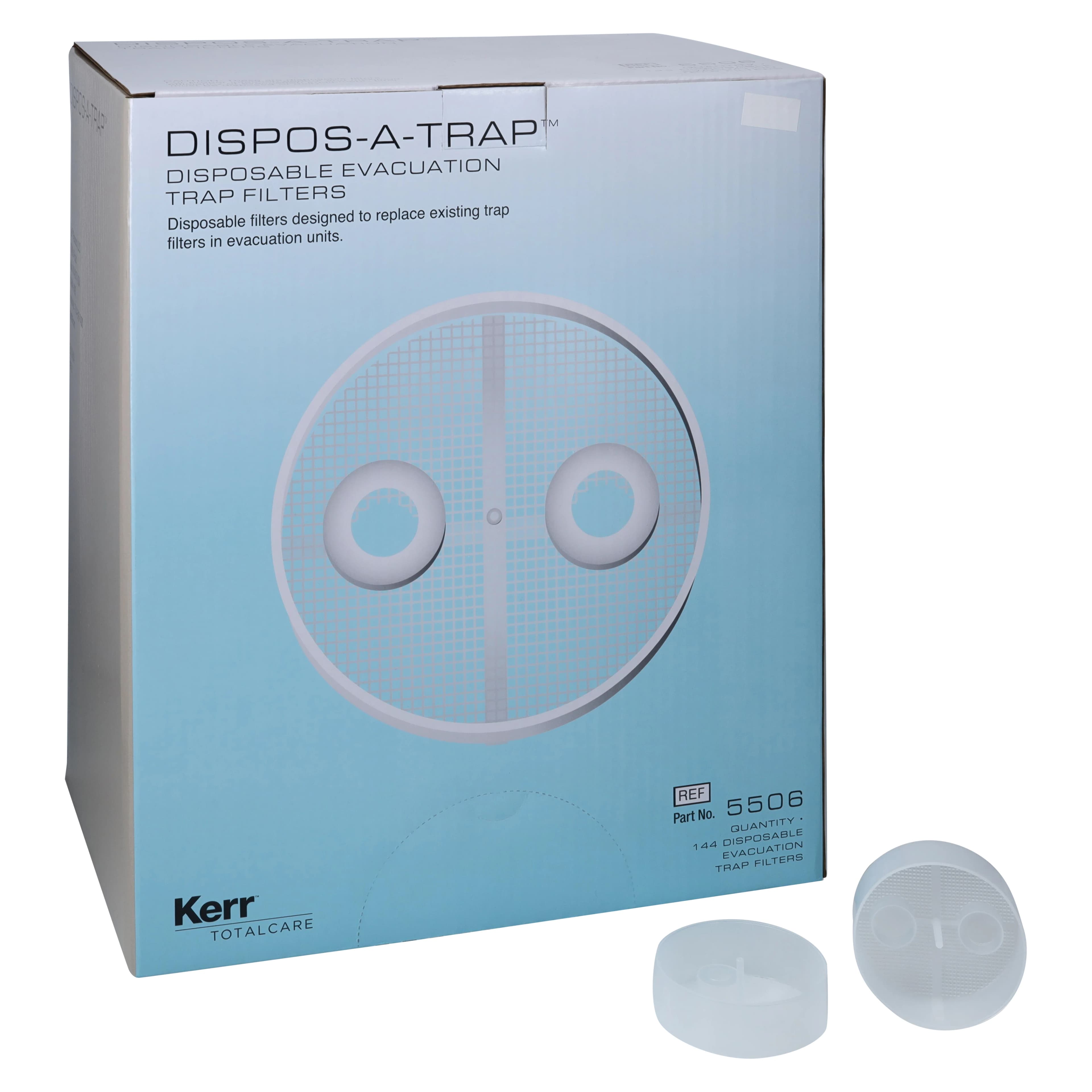 Kerr TotalCare Dispos-A-Trap #5506 Disposable Evacuator Trap for Den-Tal-Ez, Black Plastic Filters, 2-3/4" Diameter, 144/Box - Dispos-a-Trap DEZ Plaster Box of 144 - Image 1