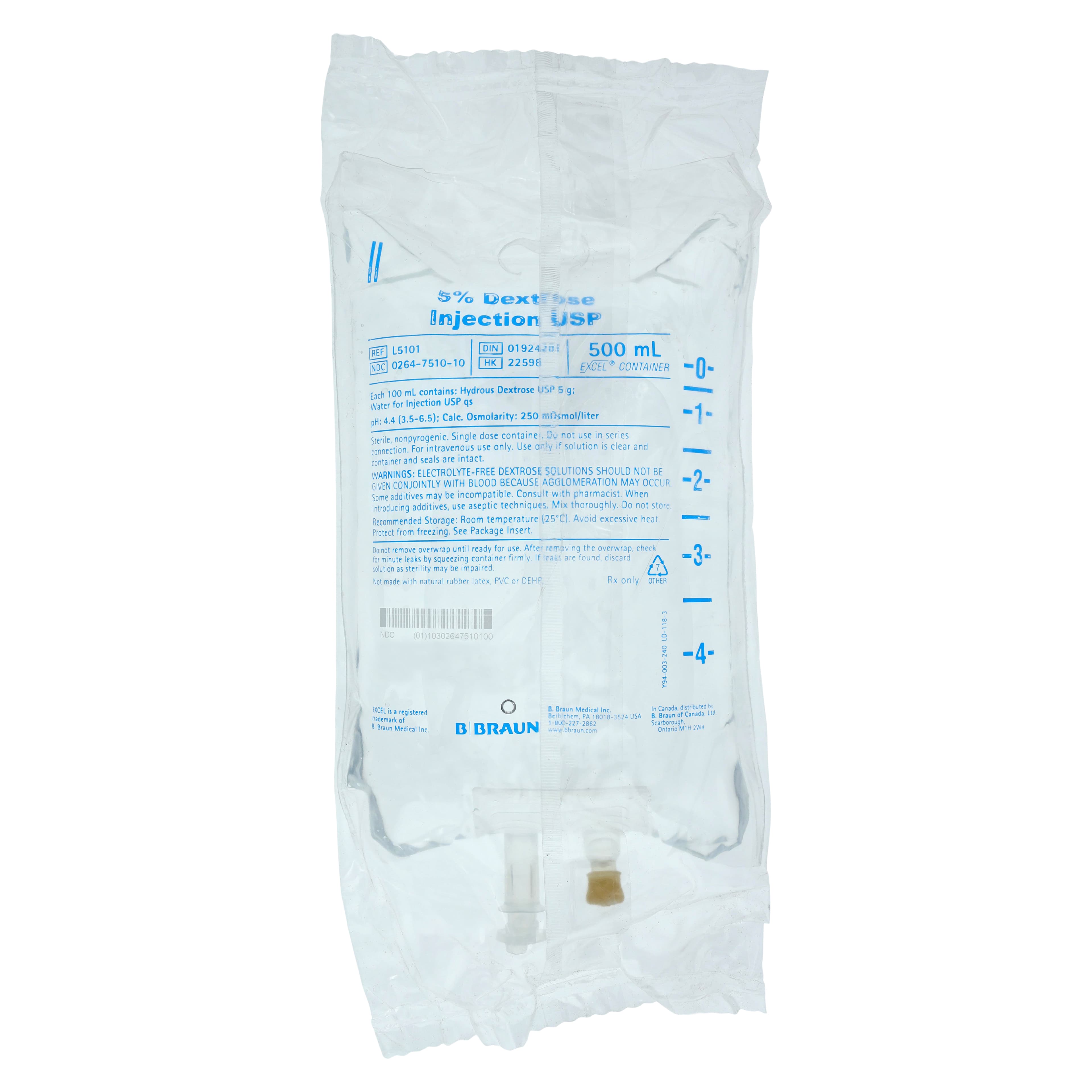 B. Braun 5% Dextrose Injection (D5W), 500 mL, Sterile, Nonpyrogenic, DEHP-Free - 5% Dextrose Injection 500ml - Image 1