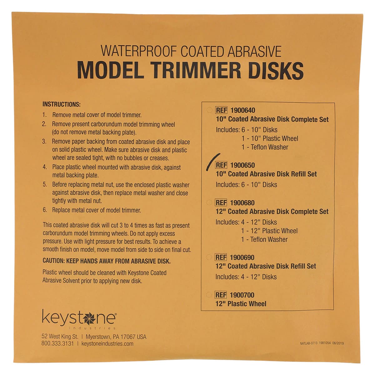Keystone Waterproof Model Trimmer Discs, 10" Diameter, Coarse 50 Grit, Pack of 6, #1900650 - Waterproof Model Trimmer Discs 10" Replacement Set Pack of 6 - Image 1
