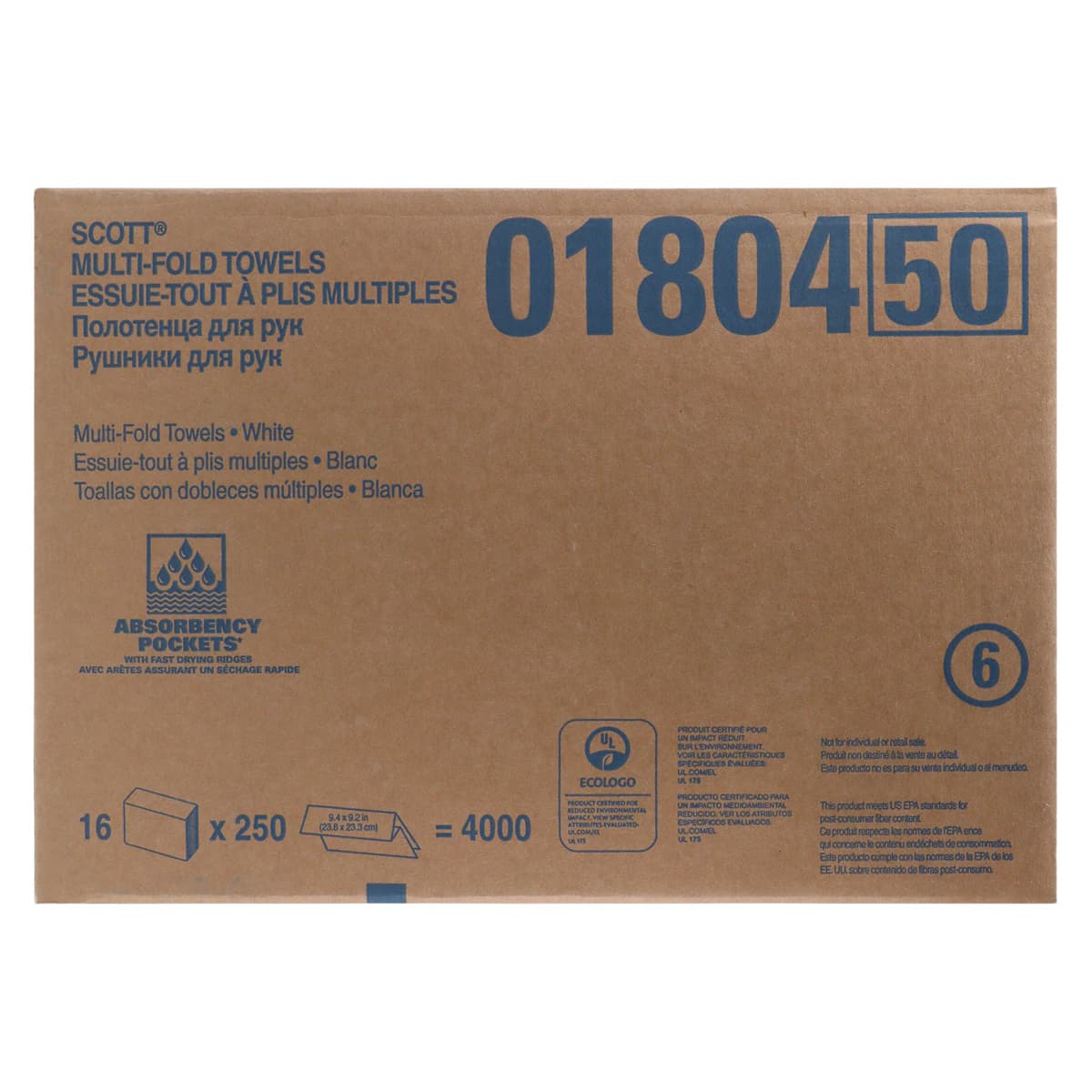 Kimberly-Clark Scott 180 Multifold Paper Towels, 1-Ply, White, 9.2" x 9.4", 250 Sheets/Pack, 16 Packs/Case (4000 Towels), 01804 thumbnail 3