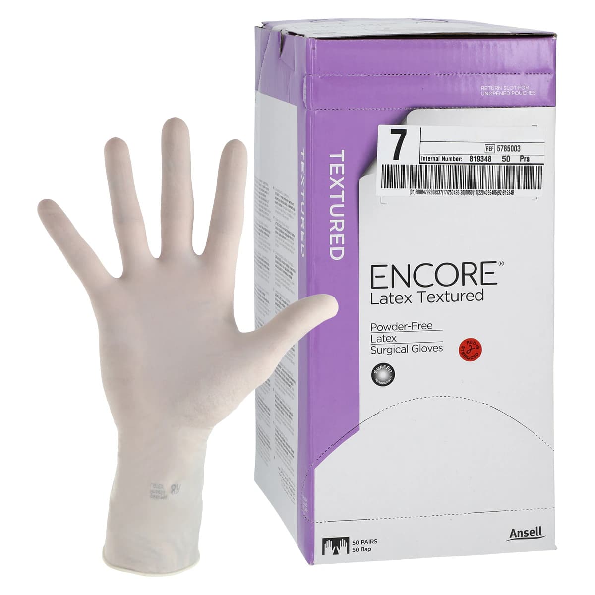 Encore PF Sterile Surgical Gloves, Powder-Free, Latex, Textured, Size 7, Natural, 50 Pairs/Box, 5785003 thumbnail 2