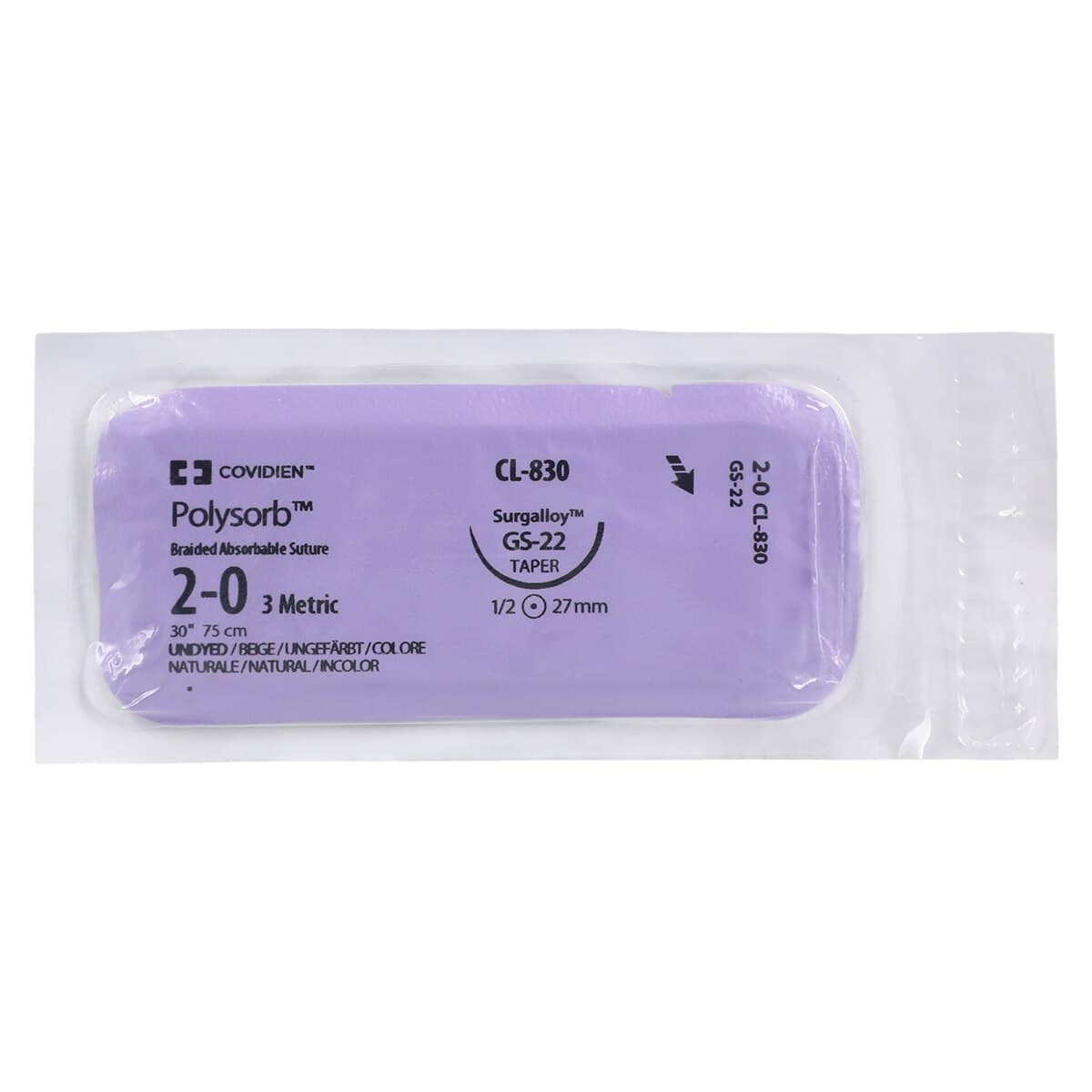 Medtronic Polysorb Suture, 2-0, 30" Polyester Braid, Absorbable, Coated, Undyed, GS-22 Taper Point 1/2 Circle Needle 27mm, 36/Case thumbnail 3