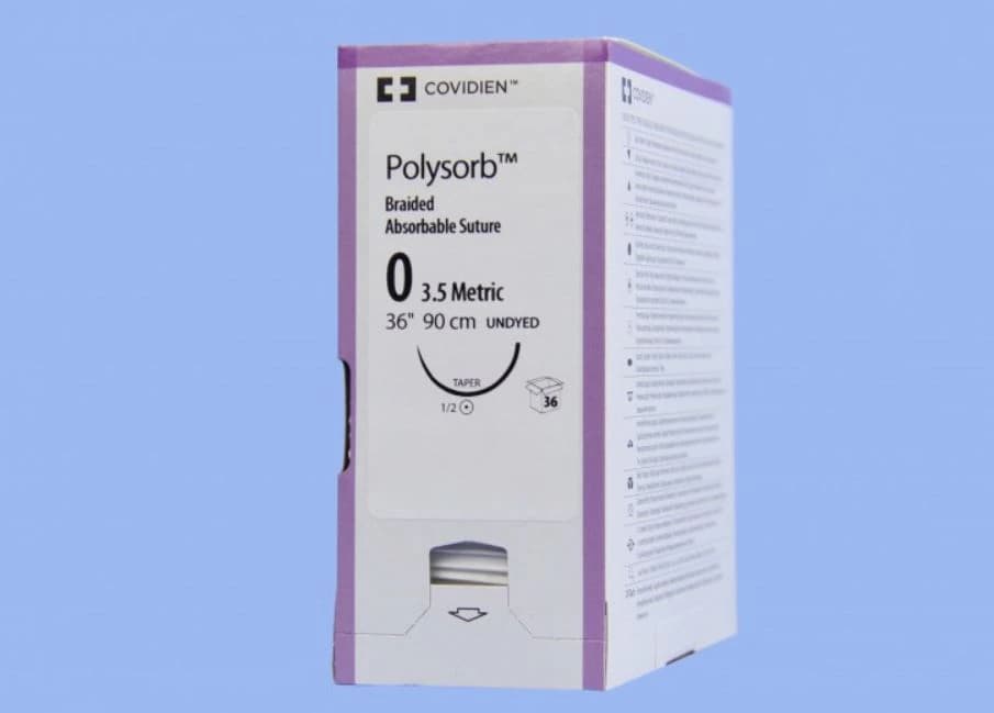 Medtronic Polysorb Suture, Size 0, 36" Polyester Braid, Absorbable, GS-25 Taper Point 1/2 Circle Needle 48mm, Coated Undyed, 36/Case - Suture Polysorb UD GS-25 - Image 1