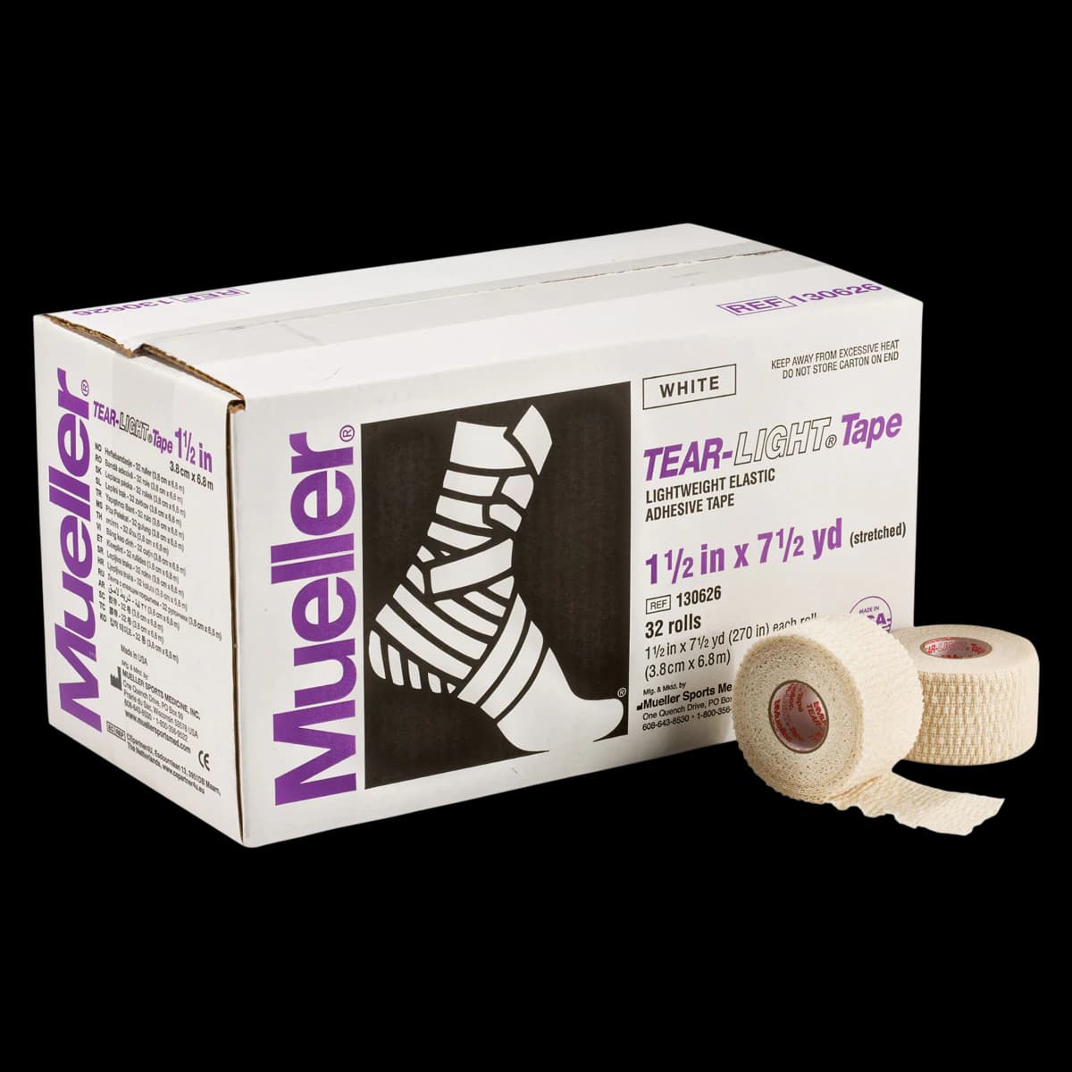 Mueller Sports Medicine Tear-Light Elastic Athletic Tape, 1.5" x 7.5 yd, White, Non-Sterile, Latex-Free, 32/Case - Tape Tear-Light Elastic - Image 1