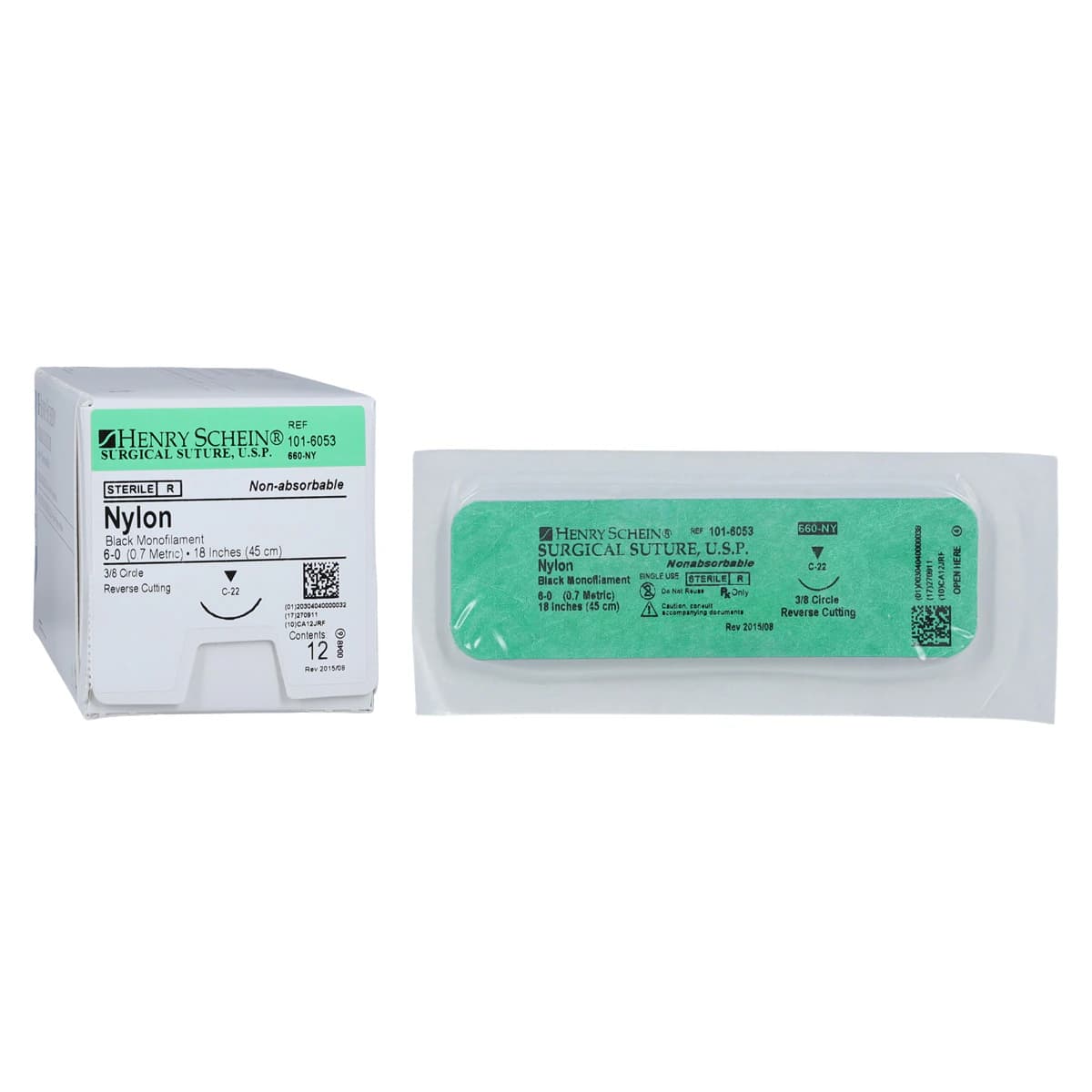 Henry Schein Black Monofilament Nylon Non-Absorbable Surgical Sutures, 6-0, 18", C-22 Reverse Cutting 3/8 Circle Needle, 16mm, 12/Box - Black Monofilament Nylon Non-Absorbable Surgical Sutures - Image 1