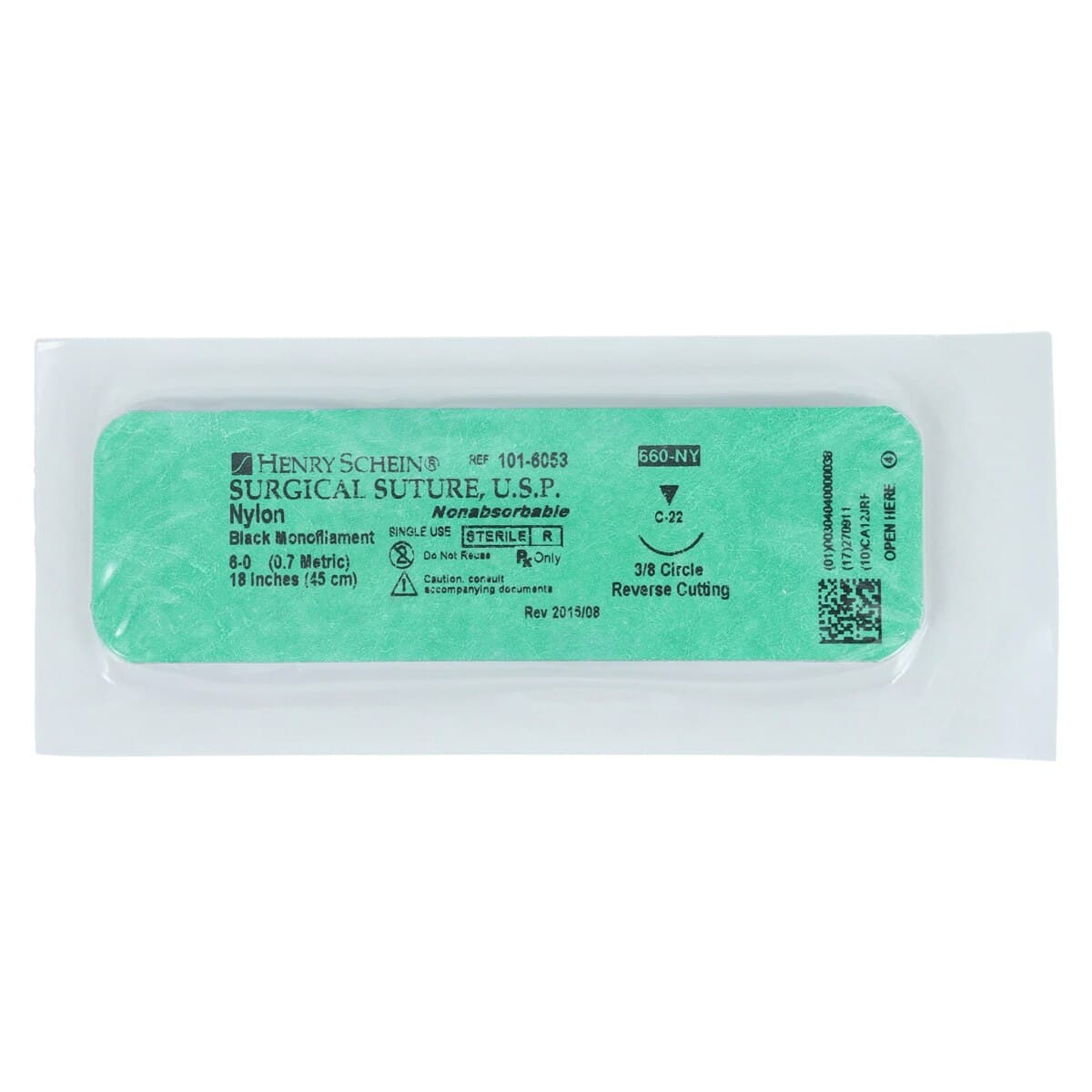 Henry Schein Black Monofilament Nylon Non-Absorbable Surgical Sutures, 6-0, 18", C-22 Reverse Cutting 3/8 Circle Needle, 16mm, 12/Box thumbnail 3