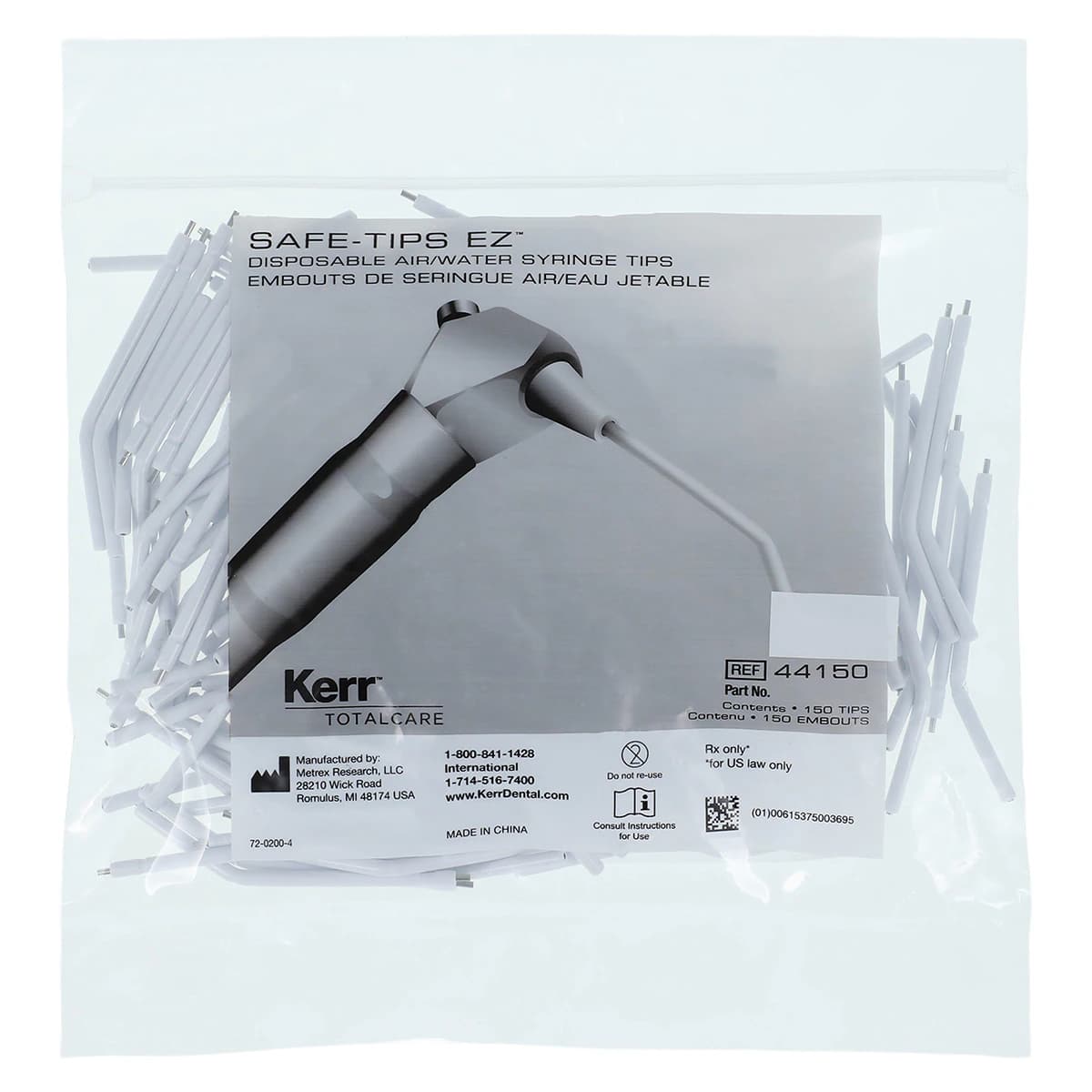 Safe-Tips EZ Disposable Air/Water Syringe Tips, Plastic with Metal Core, White, 150/Pkg, 44150 - Safe-Tips EZ Universal Air/Water Syringe Tips 150/Pk. Plastic with Metal Core - Image 1