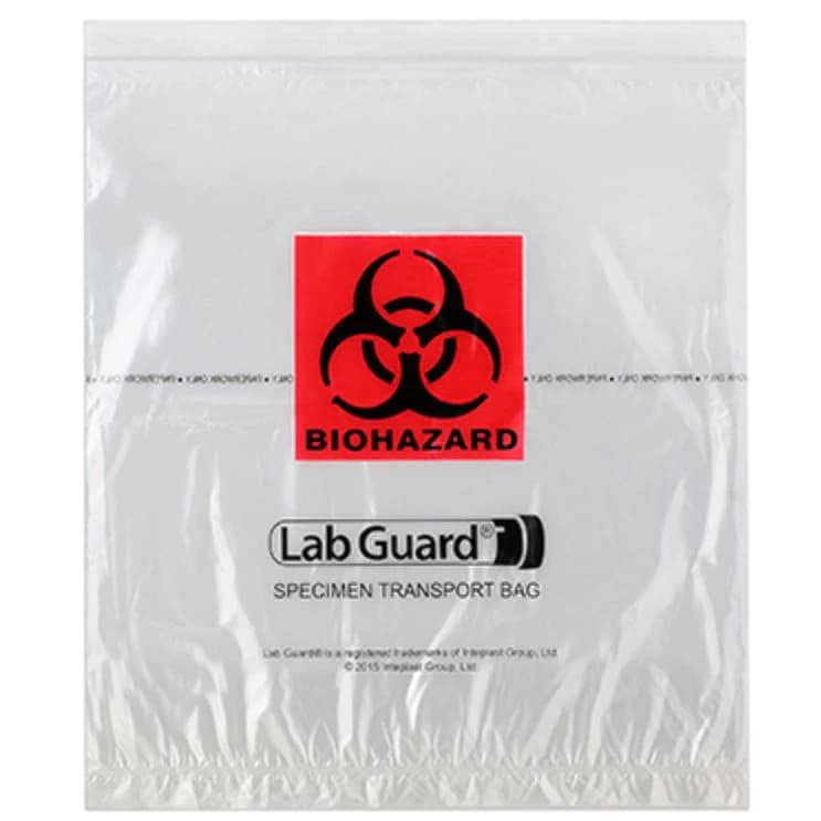 Medegen Biohazard Specimen Transport Bag, 12x13x4", Clear/Black/Red, Zipper Closure, LLDPE Film, Non-Sterile, 100/Pack, 10 Packs/Case (1000/Case) - Bag Specimen Transport BioHaz - Image 1