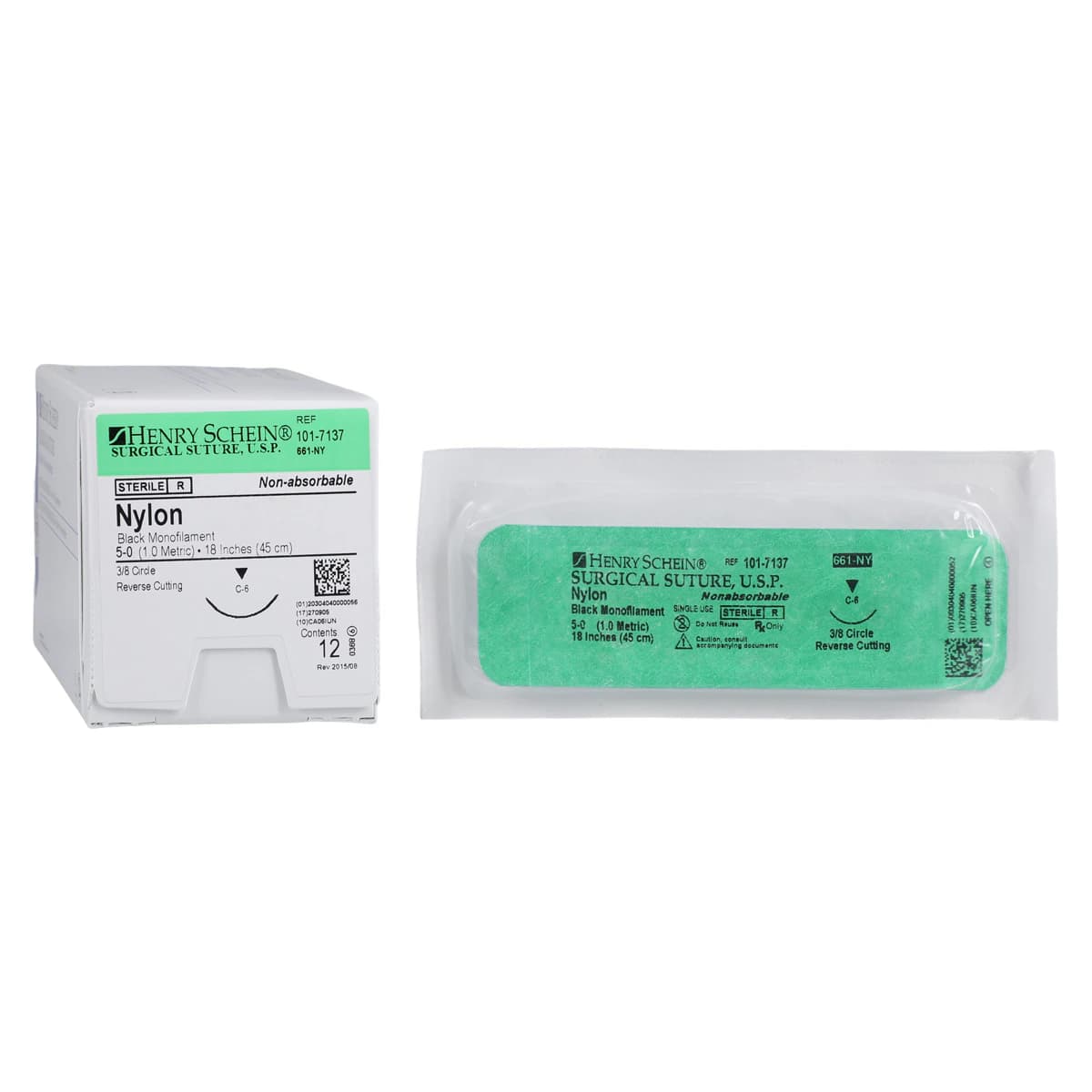 Henry Schein Black Monofilament Nylon Non-Absorbable Surgical Sutures, 5-0, 18", C-6 Reverse Cutting 3/8 Circle Needle, 18mm, 12/Box - Black Monofilament Nylon Non-Absorbable Surgical Sutures - Image 1