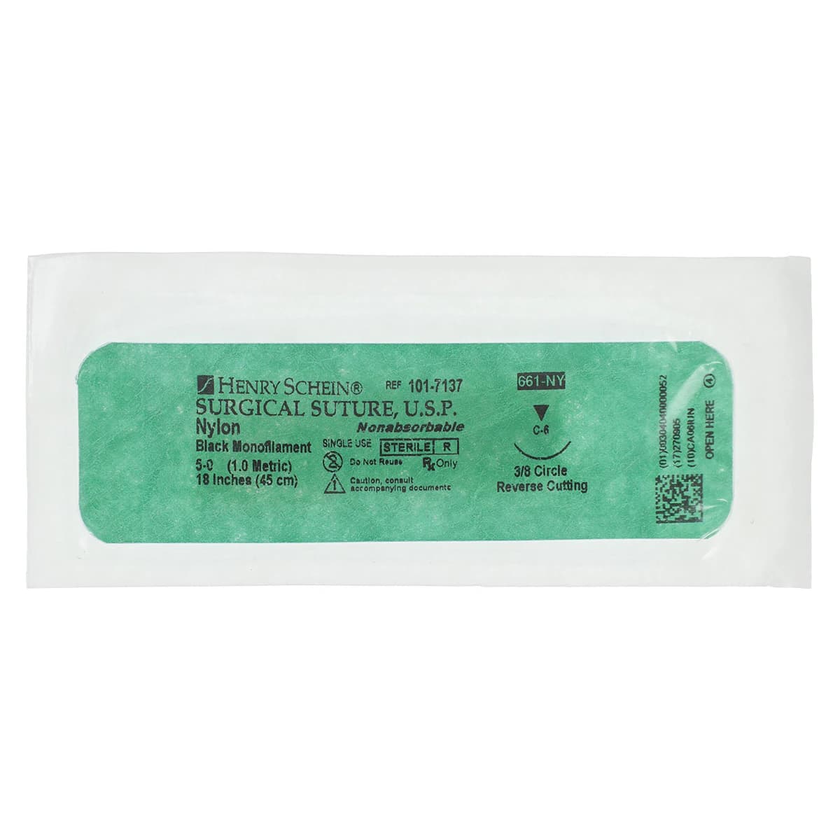 Henry Schein Black Monofilament Nylon Non-Absorbable Surgical Sutures, 5-0, 18", C-6 Reverse Cutting 3/8 Circle Needle, 18mm, 12/Box thumbnail 3