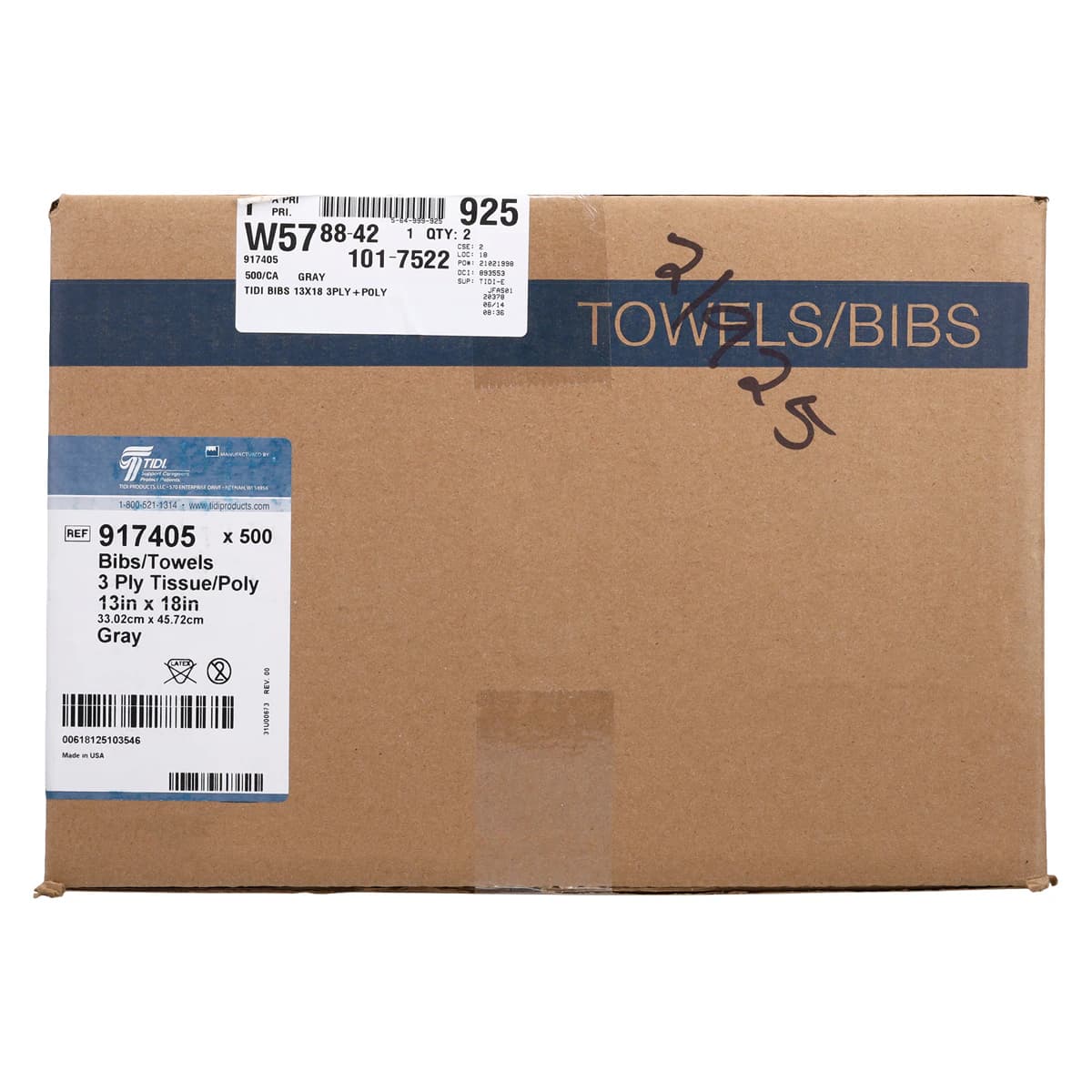 Tidi Products Stay Dri Deluxe Patient Bib, 3-Ply Tissue with Poly-Back, Waffle-Embossed, 13" x 18", Gray, 500/Case, 917405 thumbnail 2