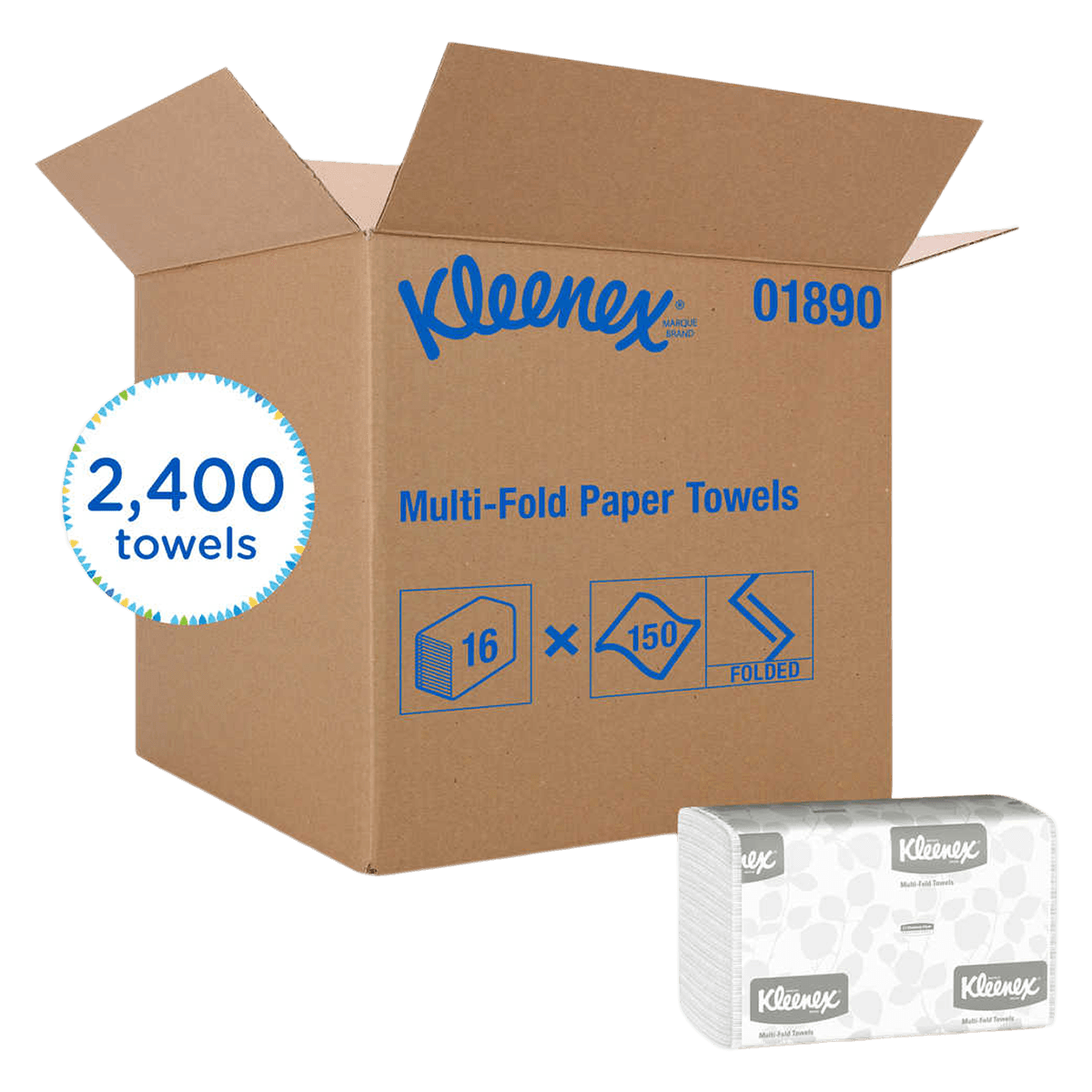 Kleenex Multifold Paper Towels, 1-Ply, 9.2" x 9.4", White, 2400/Case, 01890 - Kleenex Hand Towel Multifold Disposable 2400Cs - Image 1