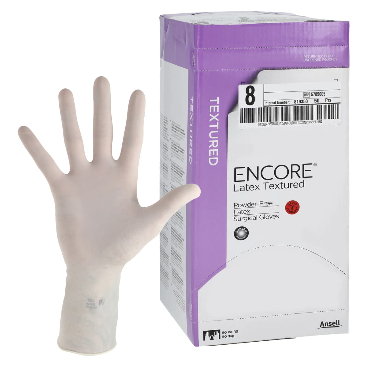 Ansell Encore Powder-Free Sterile Latex Surgical Gloves, Size 8, Textured, Natural, 50 Pairs/Box, 5785005 thumbnail 2