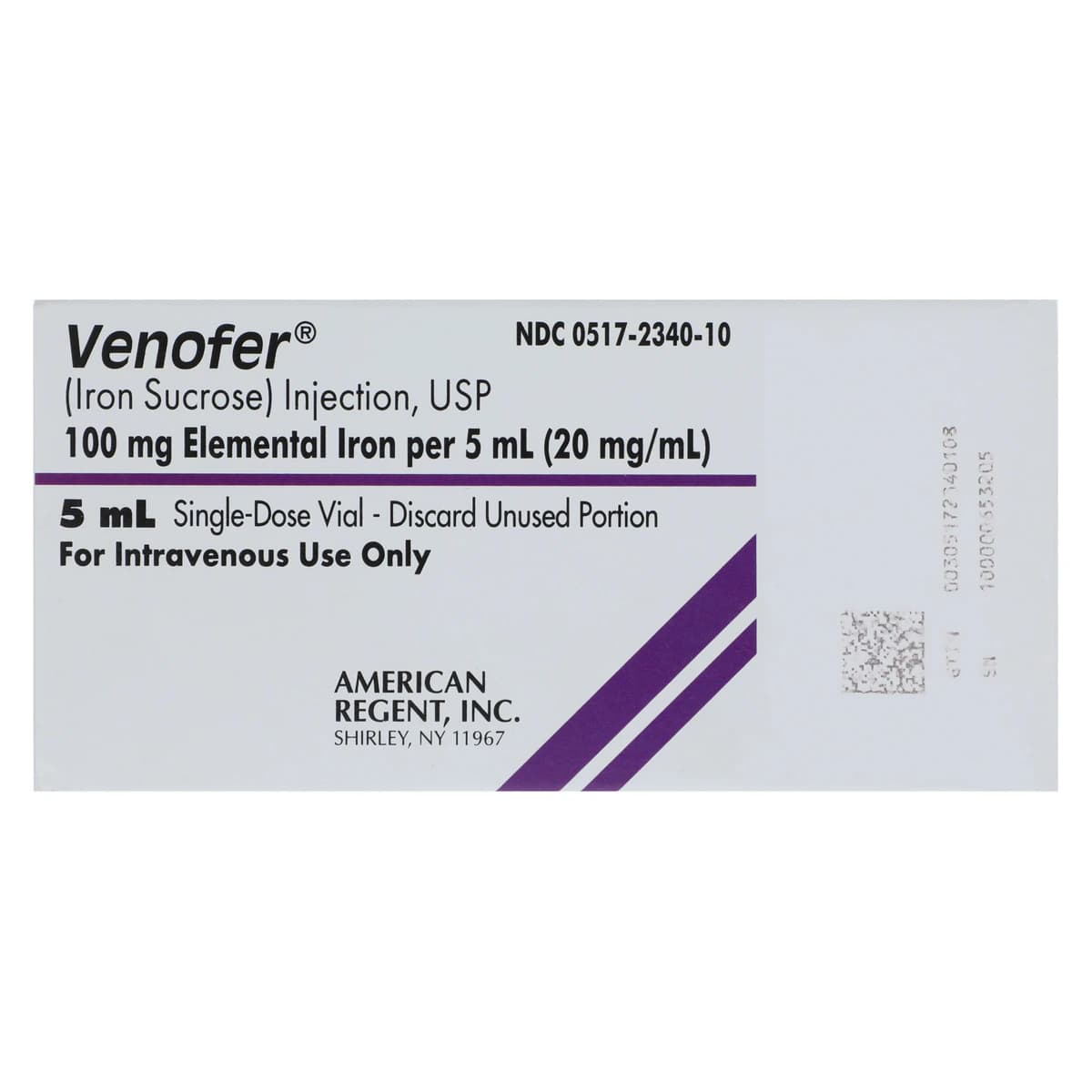 Venofer (Iron Sucrose) Injection, 20 mg/mL, 5 mL Single-Dose Vial, 10/Package thumbnail 2