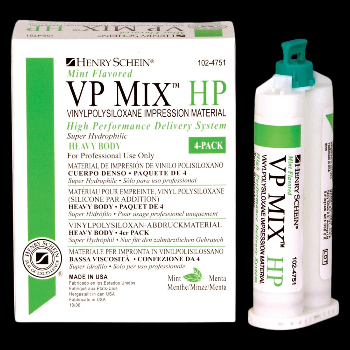 VP Mix HP Impression Material, Vinylpolysiloxane, Regular Set, Heavy Body, Mint, Gluten Free, 4/Box - VP Mix HP Reg Set Mint - Image 1