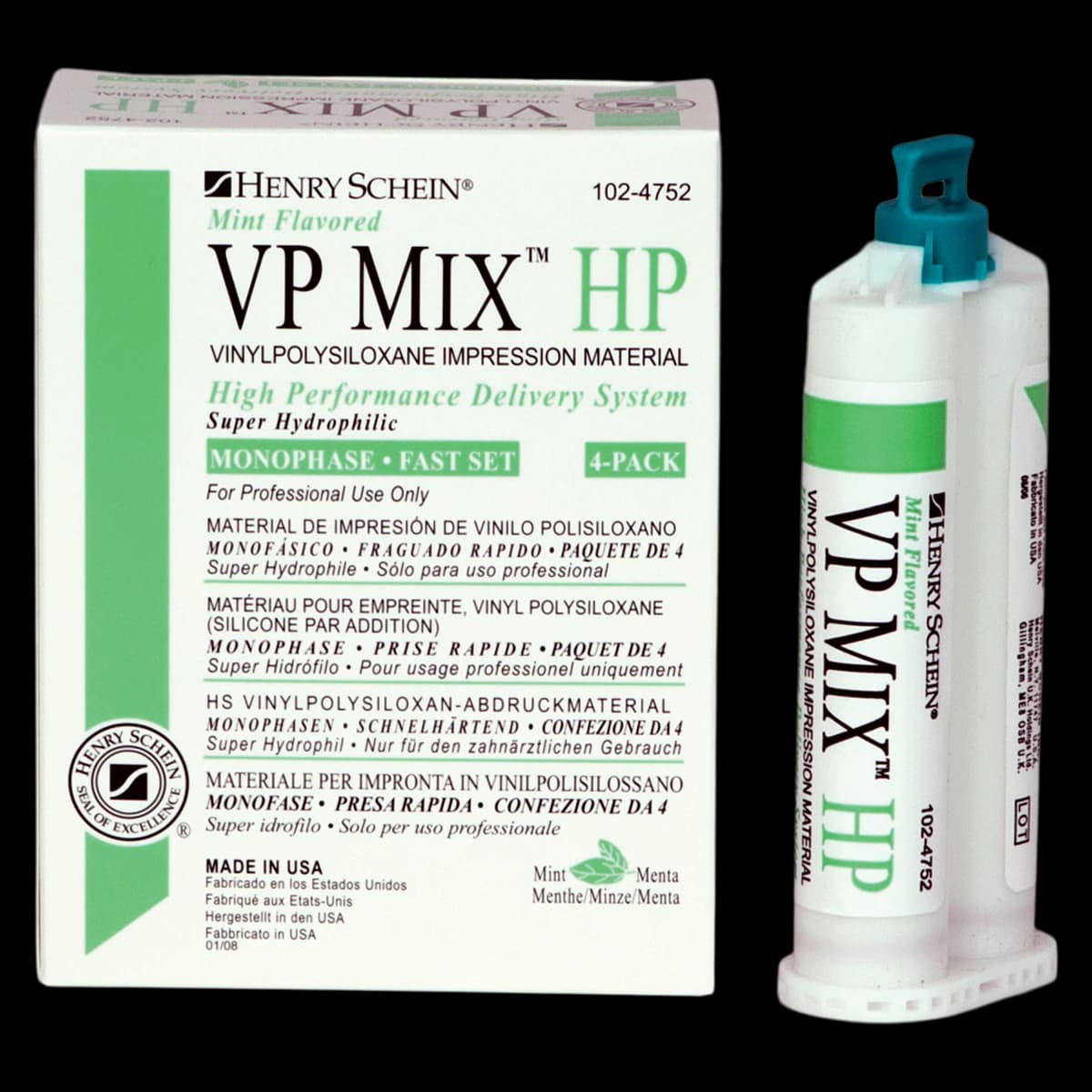 VP Mix HP Fast Set Mint Impression Material, Vinylpolysiloxane, Monophase, 4/Box thumbnail 2
