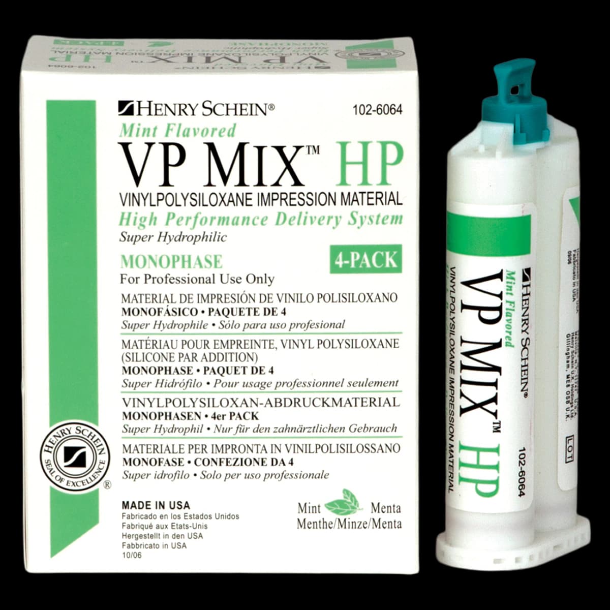 VP Mix HP Regular Set Impression Material, Monophase, Mint, Vinylpolysiloxane, 4/Box - VP Mix HP Reg Set Mint - Image 1