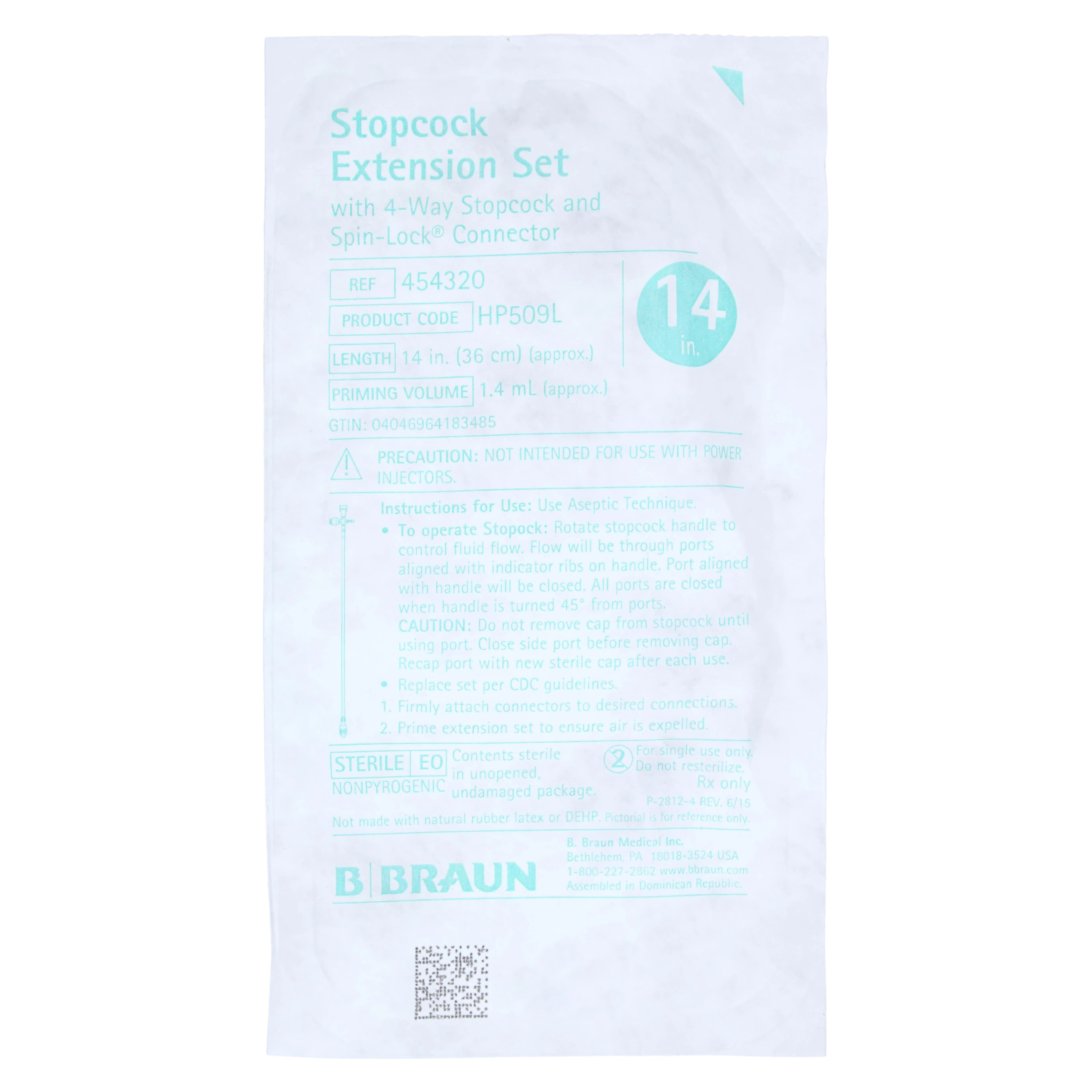 B. Braun IV Extension Set, 14" Length, 2 Ports, 4-Way Stopcock, 1.4mL Priming Volume, Female Luer Lock/SPIN-LOCK Male Connector, Sterile, Latex-Free, 100/Case - Ext Set 11"l 1.7ml 4way - Image 1