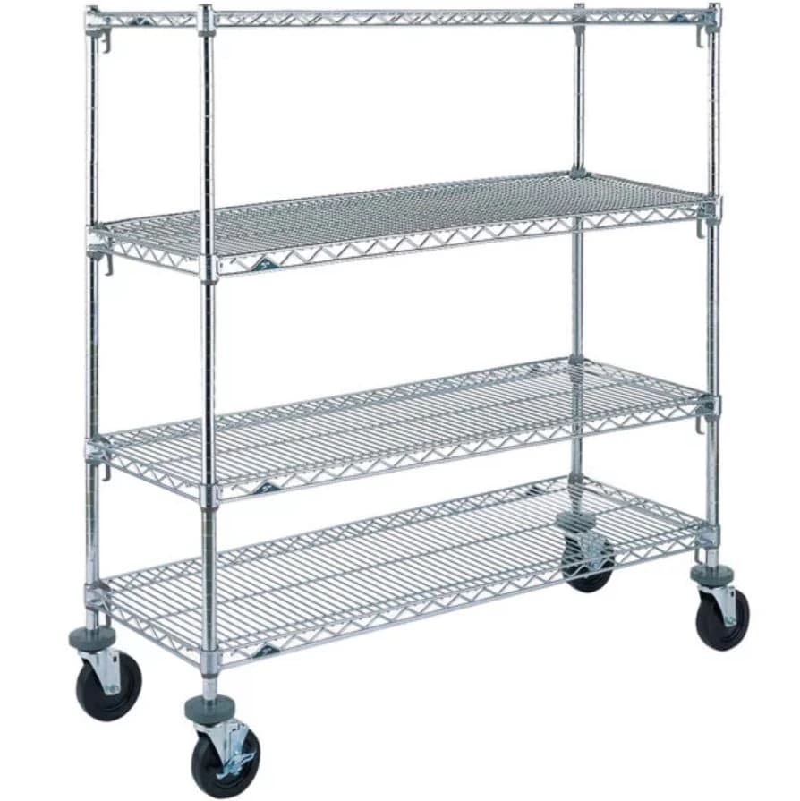 InterMetro Super Erecta Utility Cart, Wire, Adjustable, Chrome, 24" x 60" x 69", with (4) 5" Rubber Casters (2 Swivel, 2 Locking) - Cart Wire Adj w/Cstrs Chrome - Image 1