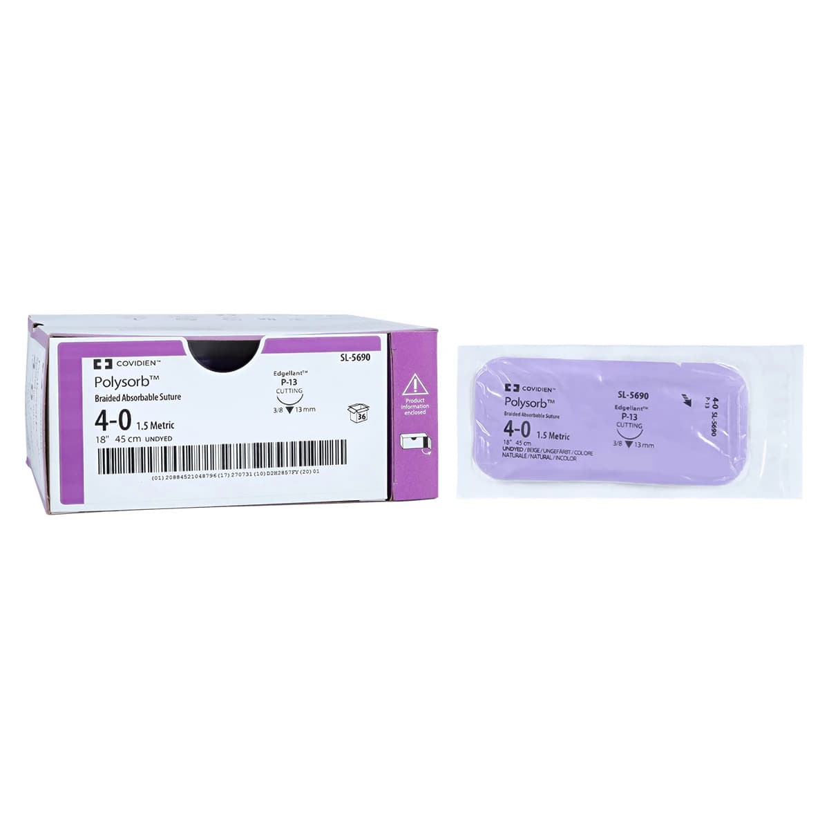 Medtronic Polysorb Suture, 4-0, 18" Polyester Braid, Absorbable, P-13 Premium Reverse Cutting 3/8 Circle Needle 13mm, Coated, Undyed, 36/Case - Suture Polysorb Undyed P-13 - Image 1