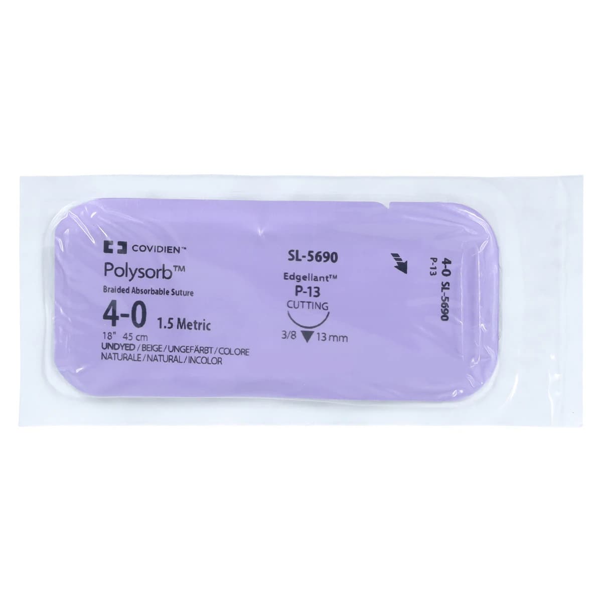 Medtronic Polysorb Suture, 4-0, 18" Polyester Braid, Absorbable, P-13 Premium Reverse Cutting 3/8 Circle Needle 13mm, Coated, Undyed, 36/Case thumbnail 3