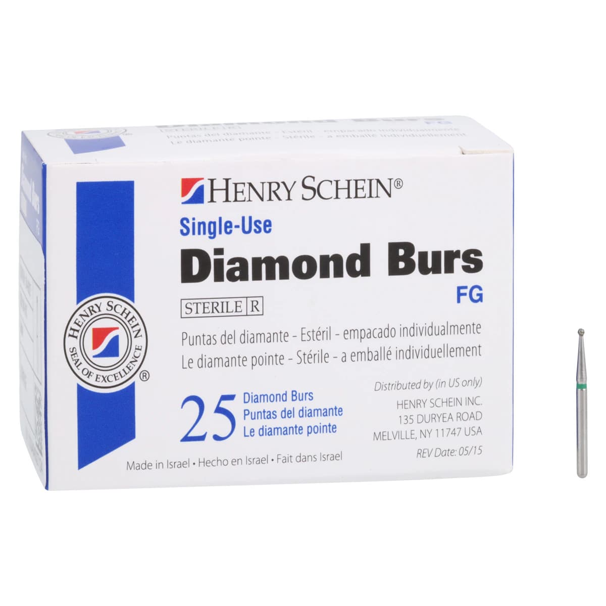 HSI Round FG Diamond Burs, Single Use, Coarse, 801-010C, 25/Box thumbnail 3