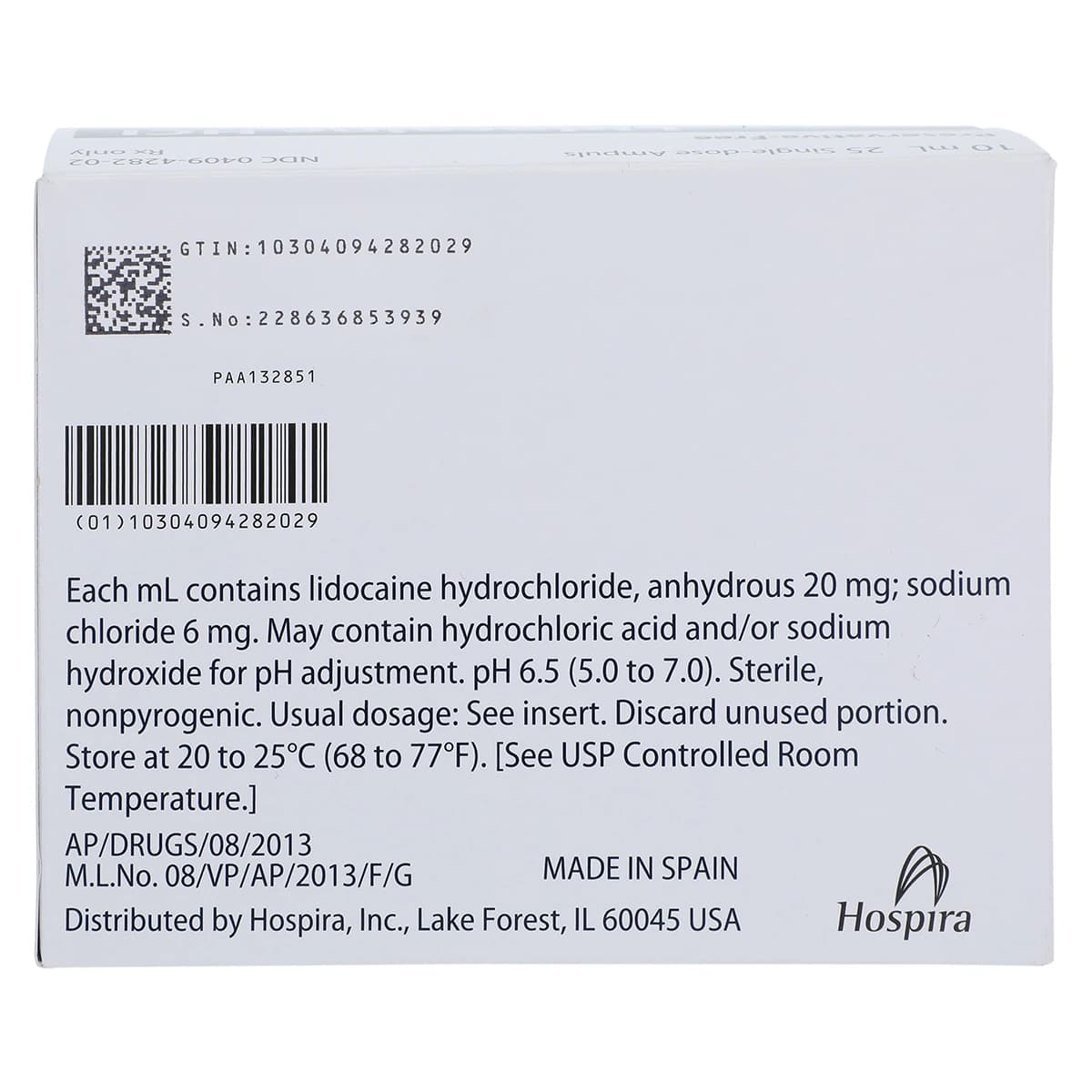 Lidocaine HCl Injection 2% Preservative-Free Ampule 10mL, 25/Package (Pfizer Injectables) thumbnail 5