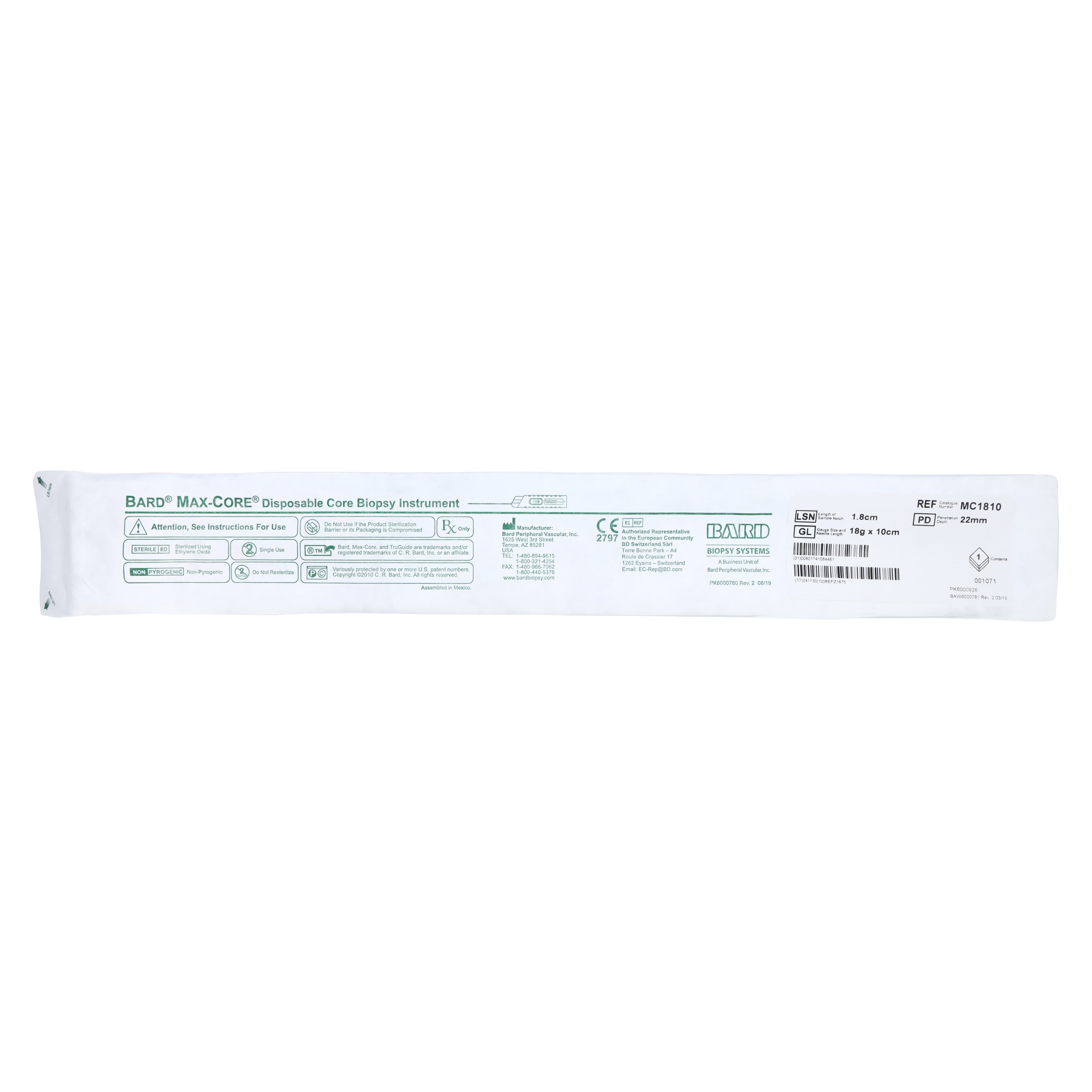 Bard MaxCore Biopsy Instrument, 18G x 10cm, Disposable Core Biopsy Needle thumbnail 2