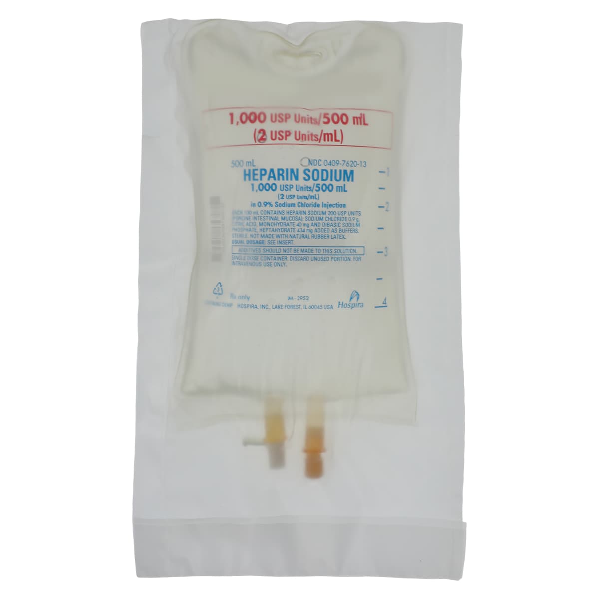 Heparin Sodium in 0.9% Sodium Chloride Injection, 2U/mL, 500mL IV Bag, 18/Case - Heparin Sod Inj 0.9% 500mL - Image 1