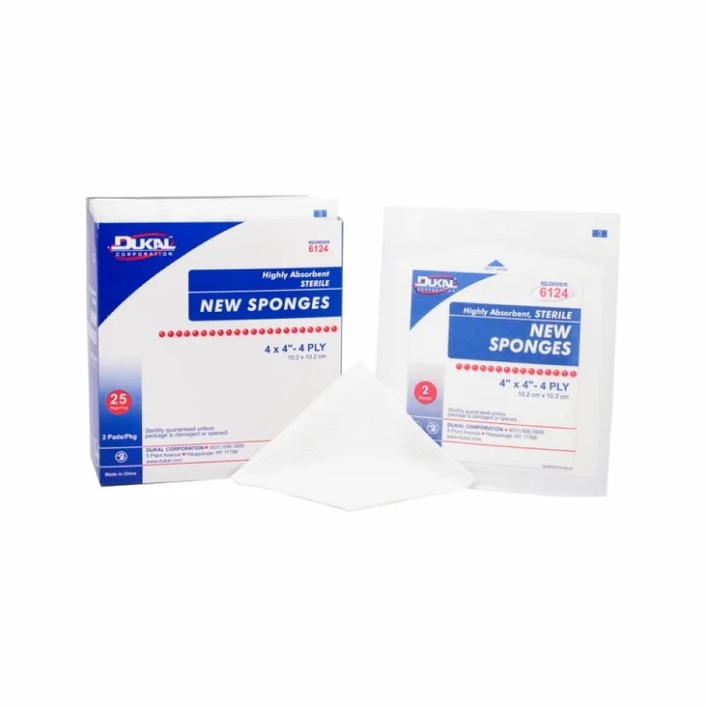 Dukal 4" x 4" 4-Ply Sterile Non-Woven Sponges, Rayon/Polyester Blend, 2 Sponges per Pack, Box of 600 Packs (1200 Sponges) thumbnail 2