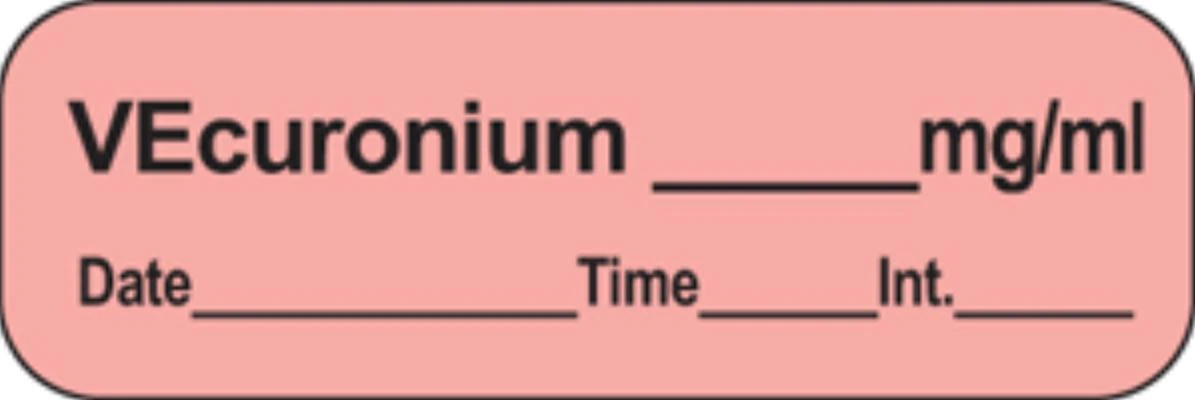 Anesthesia Label DTI Vecuronium mg/ml, Fluorescent Red, 1-1/2" x 1/2", 1/Roll - Label Tape Vecuronium - Image 1