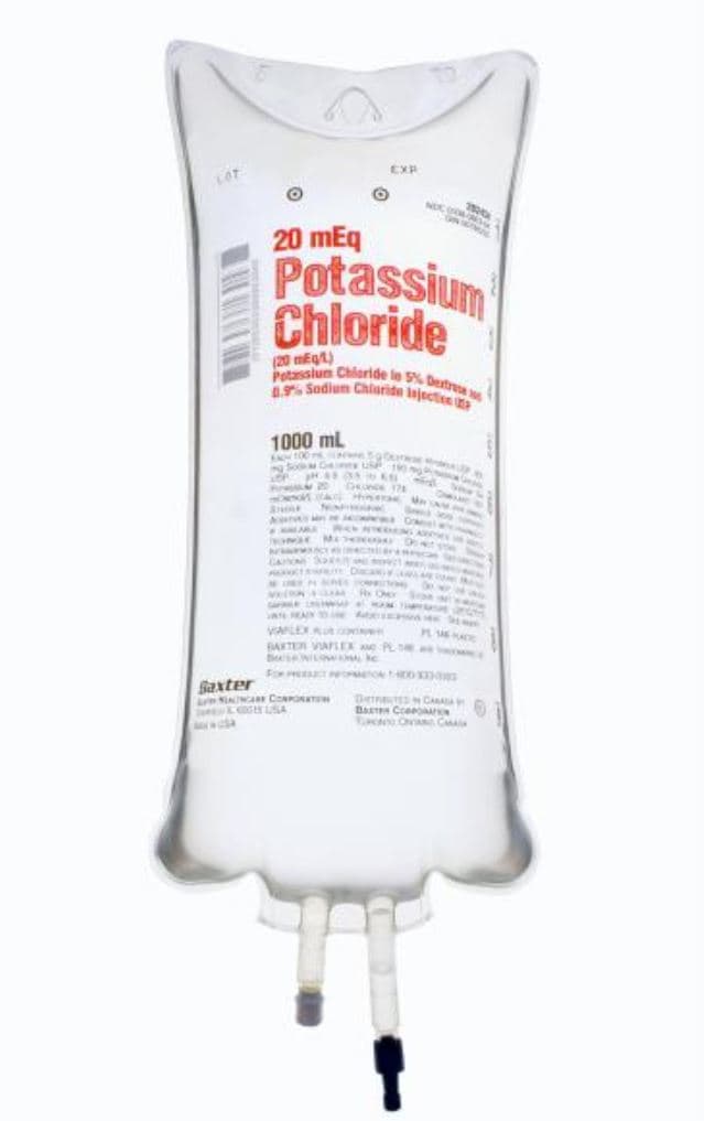 Baxter Viaflex IV Injection Solution, Potassium Chloride/Dextrose 5%/Sodium Chloride 0.9%, 1000mL Bag, DEHP-Free, Latex-Free, 14/Case - Dex 5% & 0.9% Sod Chl 20Meq - Image 1