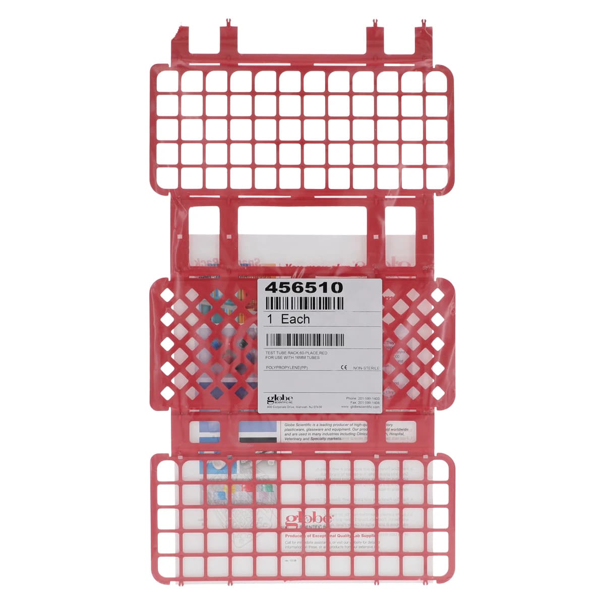 Globe Scientific Snap-N-Rack Tube Rack, Polypropylene, 16-17mm, 60-Place, Red, Each thumbnail 2