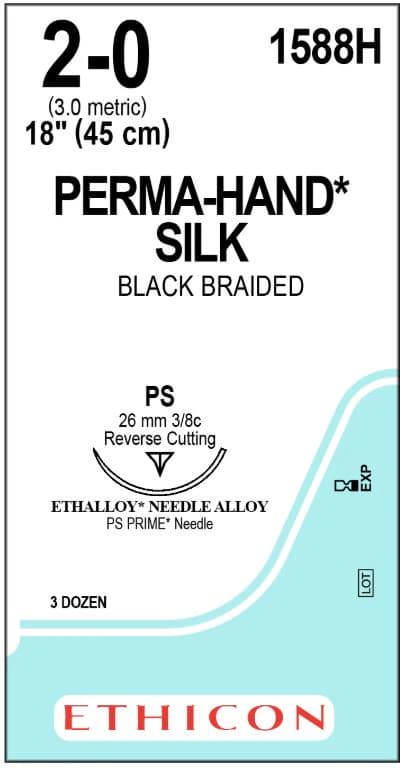 Perma-Hand Silk Braided Non-Absorbable Suture, Size 2-0, 18", Black, PS Prime Reverse Cutting 3/8 Circle Needle 26mm, 36/Box, 1588H - Suture Silk Black Ps - Image 1