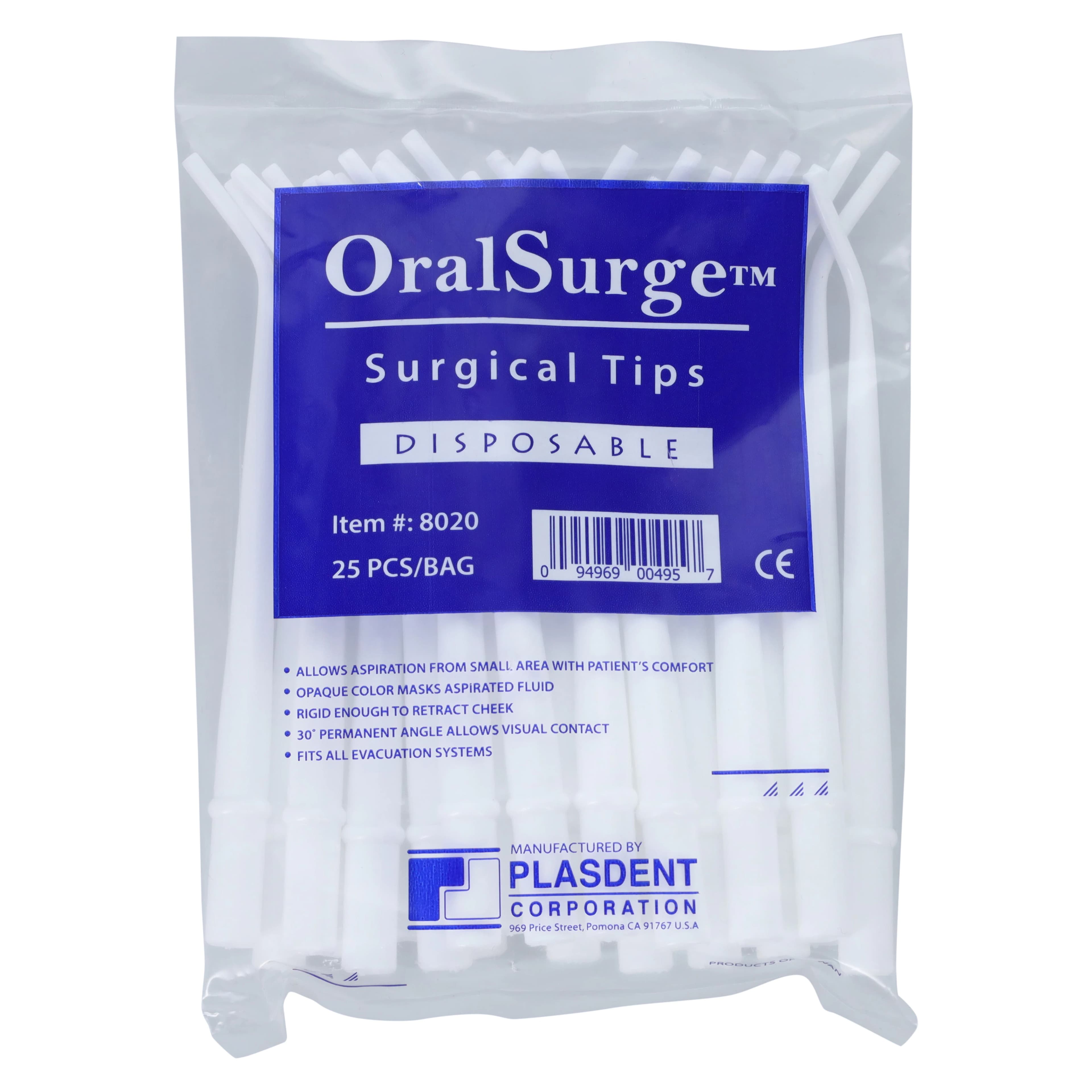 Plasdent OralSurge Disposable Surgical HVE Aspirator Tips, 30-Degree Angled, 1/8" Orifice, White, 25/Pk, 8020 - OralSurge Disposable Surgical HVE Aspirator Tips, Plastic, 1/8", White, 25/Pk, 8020 - Image 1
