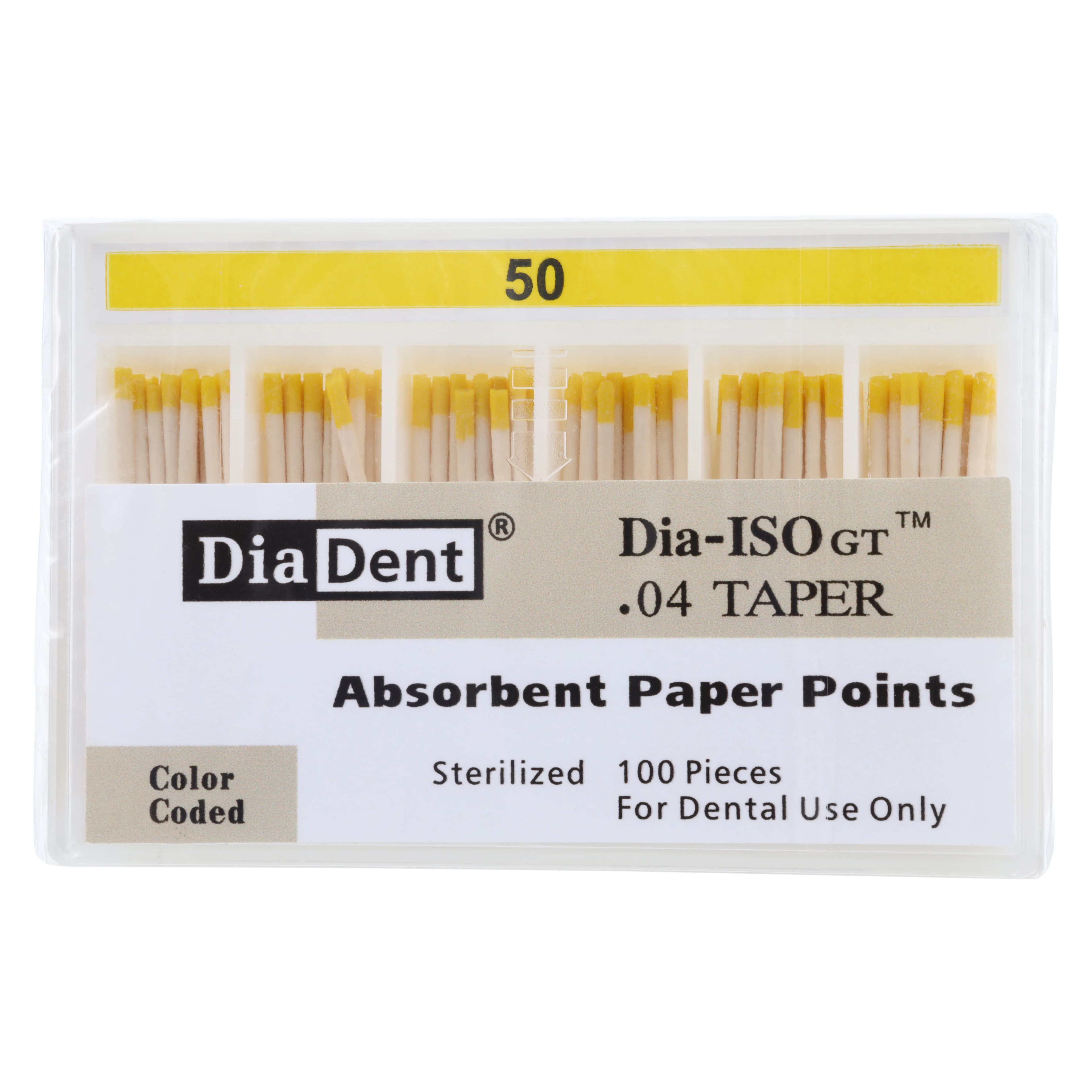 DiaDent Dia-ISO GT Absorbent Paper Points, .04 Taper, ISO Size #50, Yellow, 100/Box - Dia-ISOGT Paper Points Tapered .04 #50 100/Slide Pk - Image 1