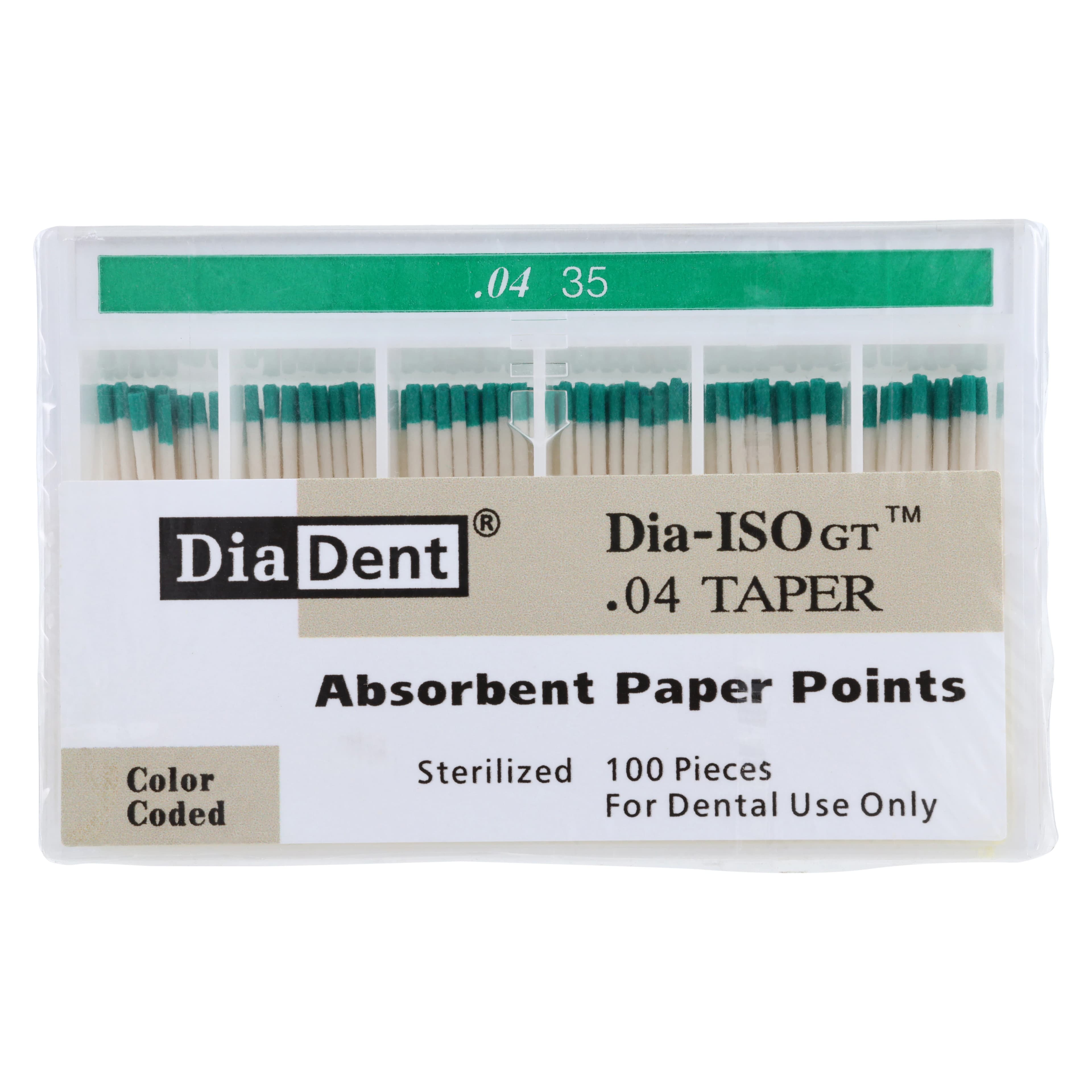DiaDent Dia-ISO GT Absorbent Paper Points, .04 Taper, ISO Size #35, Green, 100/Pk, 210-S607 - Paper Point DIA-ISOGT .04 #35, 100/Pk, 210-S607 - Image 1