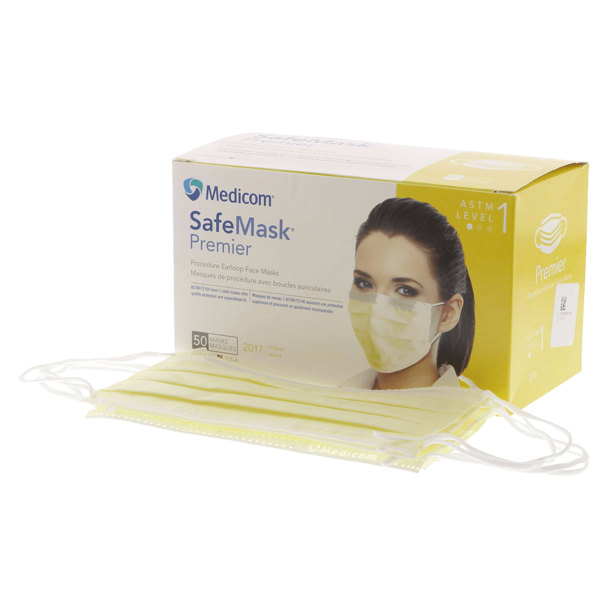 SafeMask Premier Procedure Face Mask, ASTM Level 1, Ear Loop, Yellow, 50/Box thumbnail 2