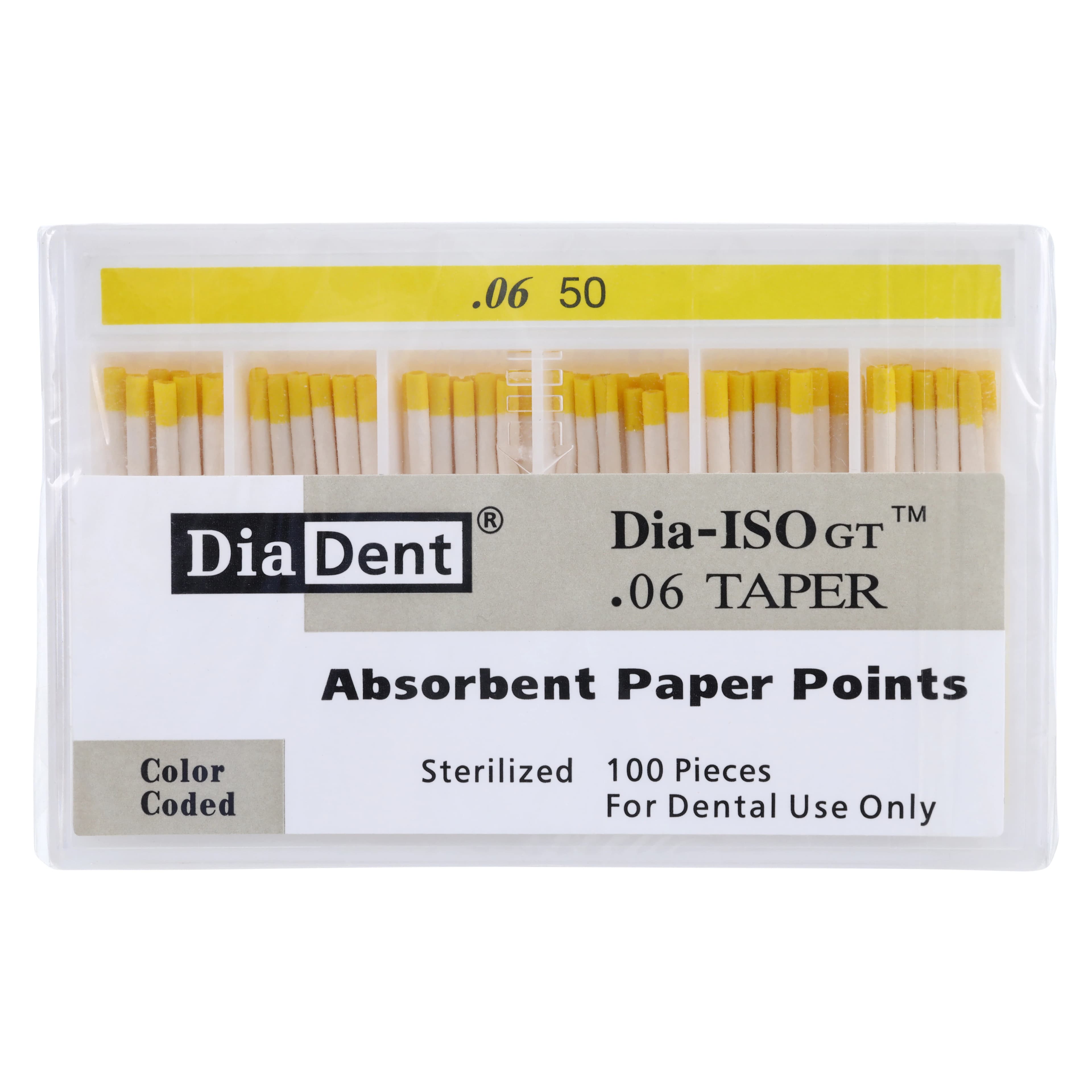 DiaDent Dia-ISO GT Absorbent Paper Points, .06 Taper, ISO #50, Yellow, 100/Box - Dia-ISOGT Paper Points Tapered .06 #45 100/Slide Pk - Image 1