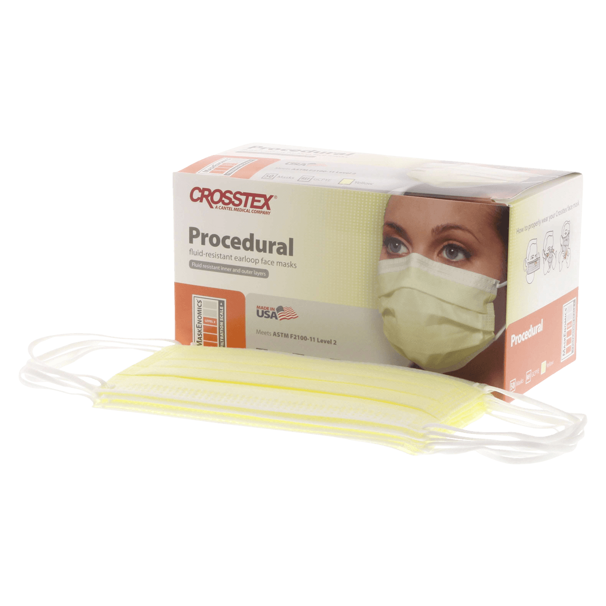 Crosstex Procedural Earloop Face Mask, ASTM Level 2, Fluid Resistant, Yellow, 50/Box, GCPYE thumbnail 2