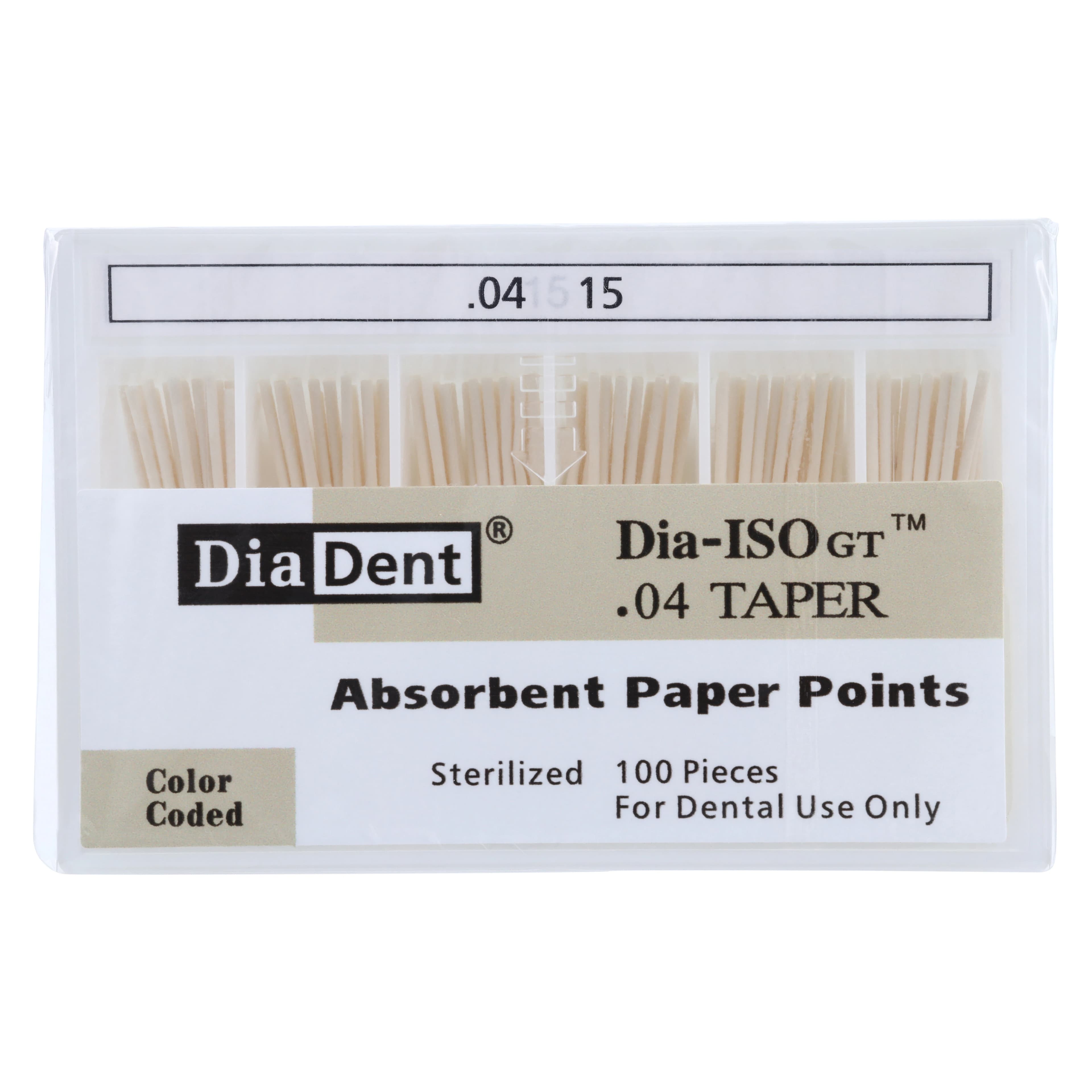 DiaDent Dia-ISO GT Absorbent Paper Points, .04 Taper, ISO Size #15, White, 100/Box - Dia-ISOGT Paper Points Tapered .04 #15 100/Slide Pk - Image 1