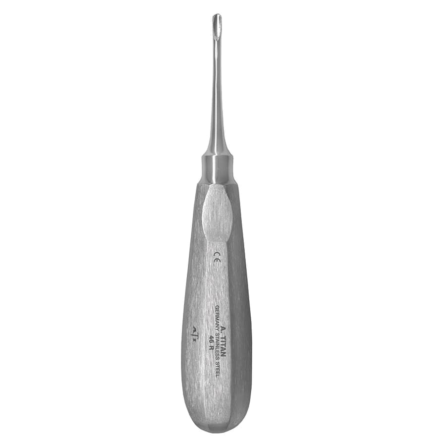 A. Titan Instruments #46R Molar Elevator, Angled, Serrated, Single End, Stainless Steel, 1/Pk - Molar Elevator angled with Serrations - Image 1