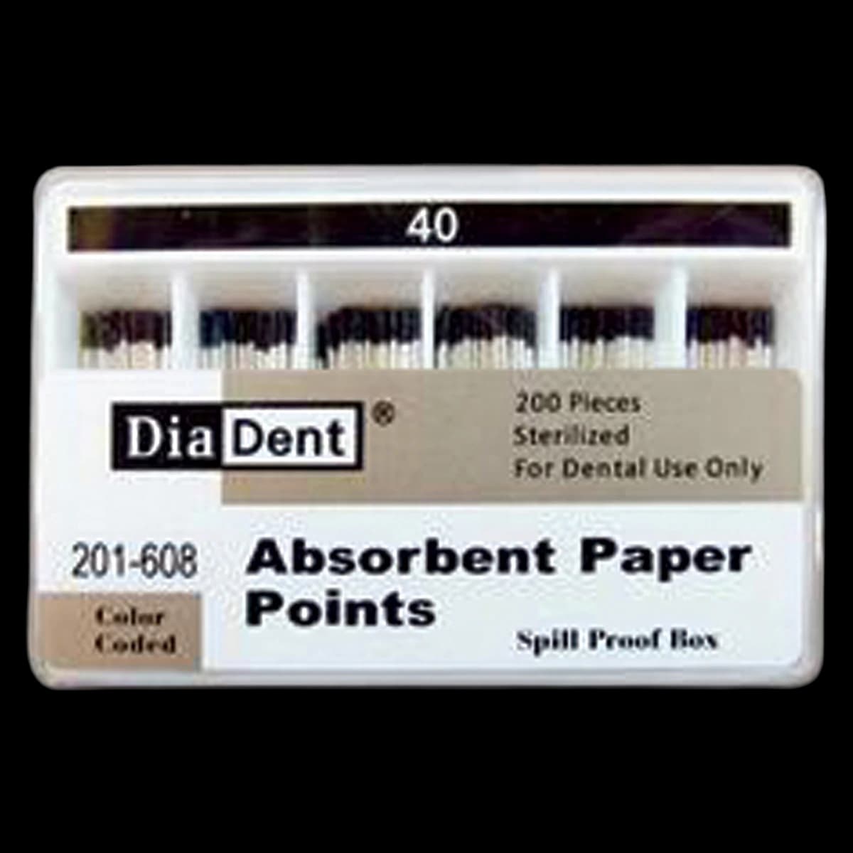 DiaDent Absorbent Paper Points, #40, Black, .02 Taper, Non-Marked, Spill-Proof Box of 200 - #40 Black .02 Taper DiaDent Non-Marked Absorbent Paper Points Spill Proof Box of 200 - Image 1