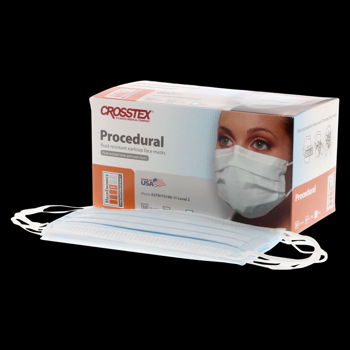 Crosstex Procedural Earloop Face Mask, ASTM Level 2, Blue, 50/Box, GCPBL - Procedure Face Mask ASTM Level 2 Blue Box of 50 - Image 1