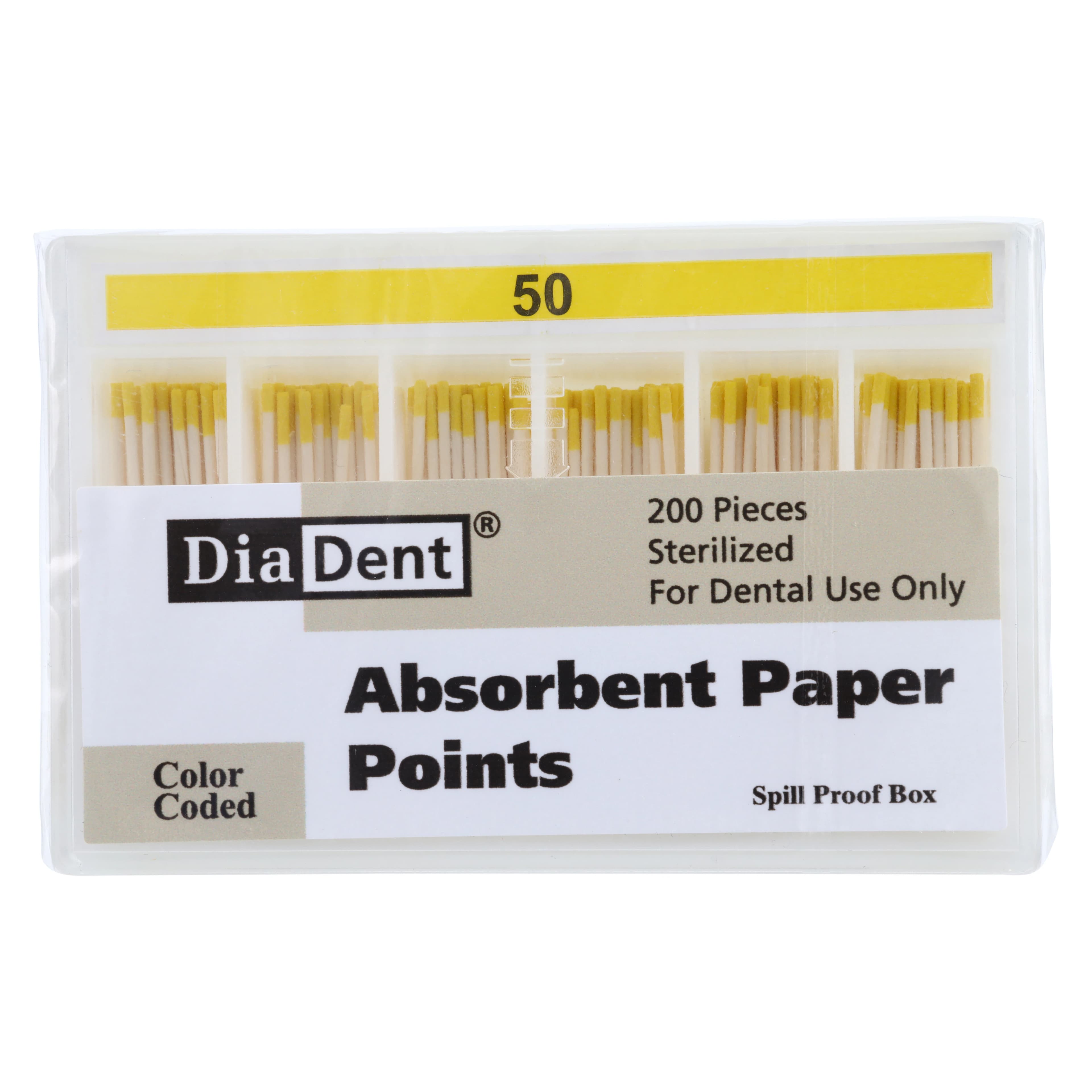 DiaDent Absorbent Paper Points, #50 (Yellow), .02 Taper, Non-Marked, Spill-Proof Box of 200 - #50 Yellow .02 Taper DiaDent Non-Marked Absorbent Paper Points Spill Proof Box of 200 - Image 1