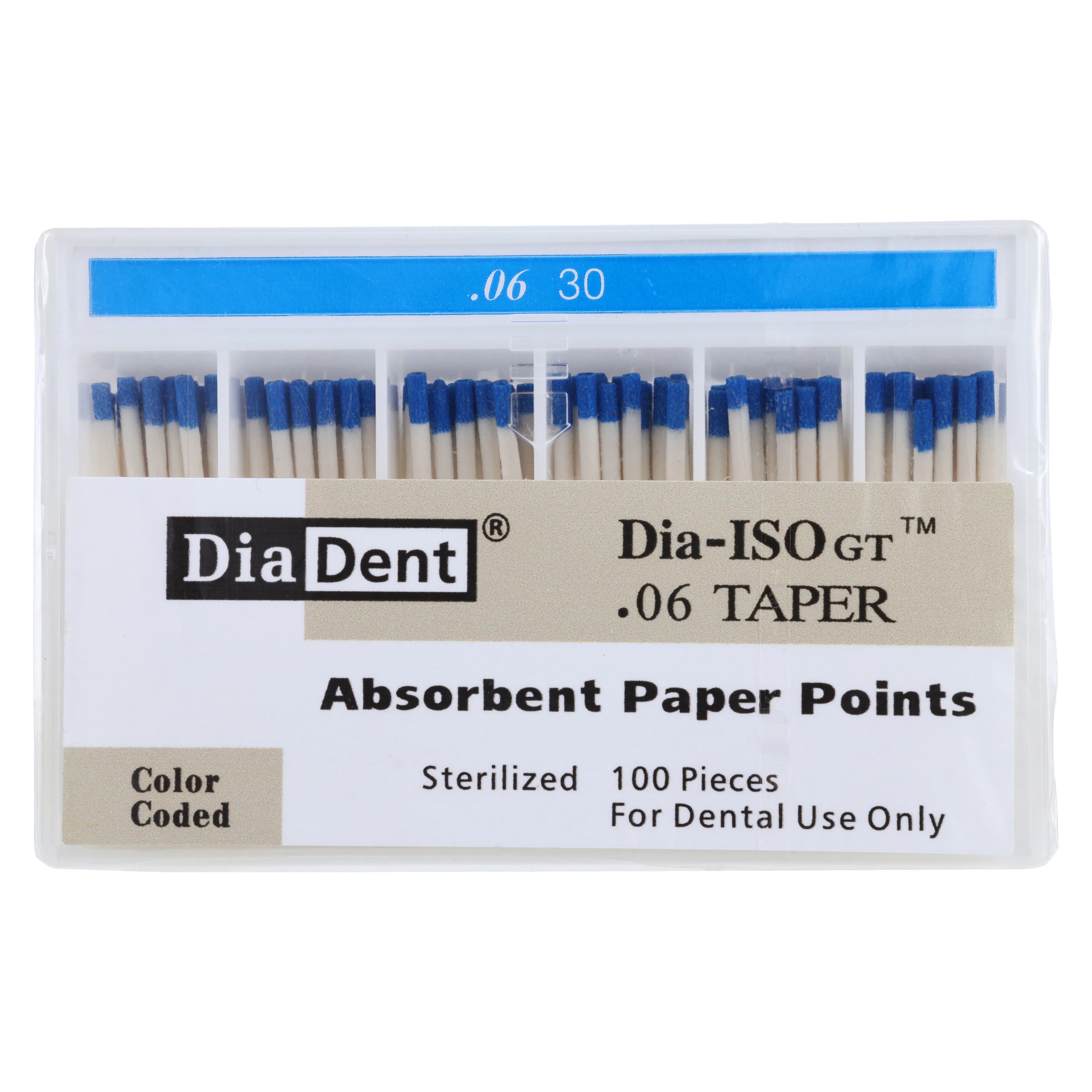 DiaDent Dia-ISO GT Absorbent Paper Points, .06 Taper, ISO #30, Blue, 100/Box - Dia-ISOGT Paper Points Tapered .06 #25 100/Slide Pk - Image 1